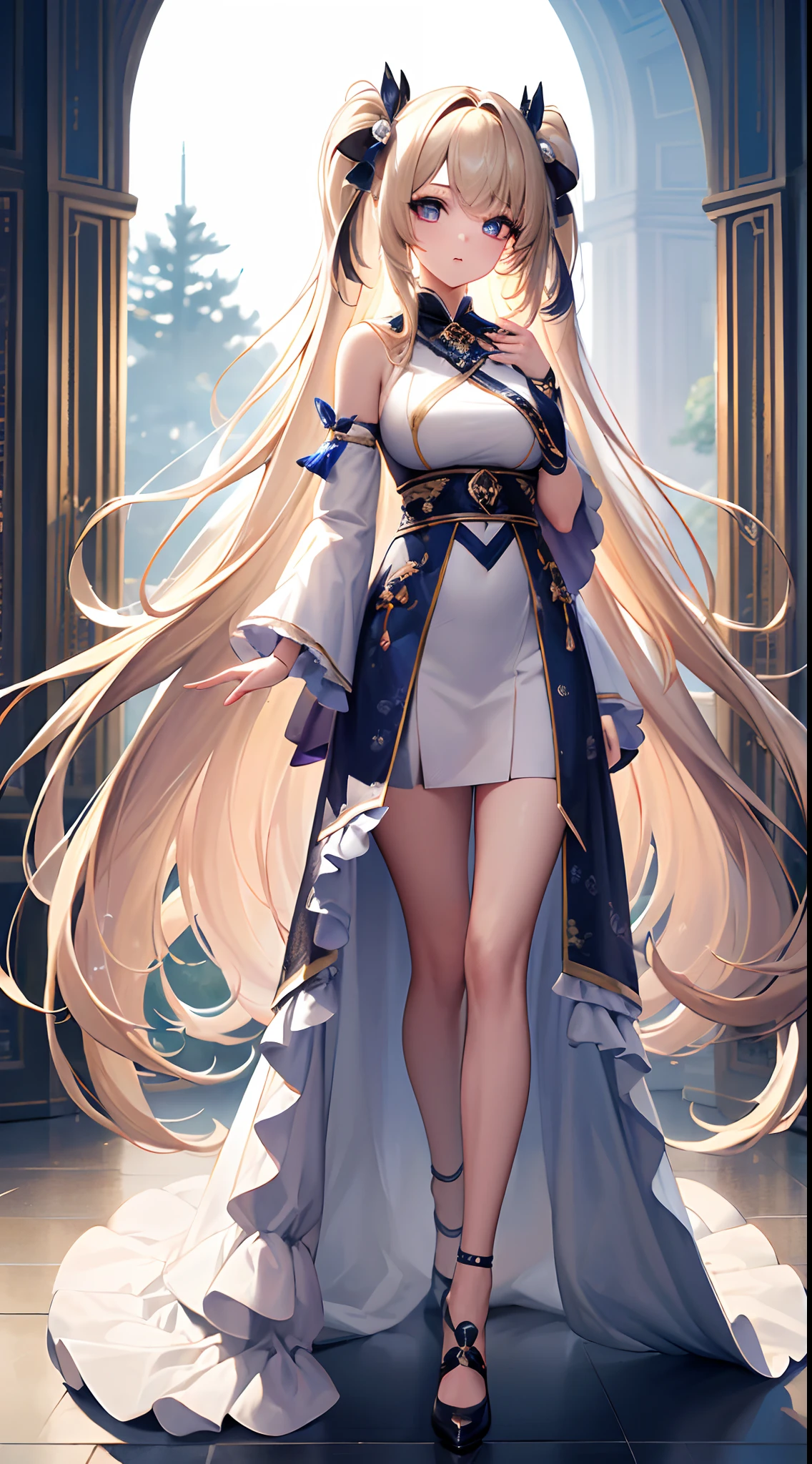 ((Best Quality)), (ultra-detailliert), ((Extremely detailed)), (Beautiful), ((Kawaii Girl)), ((UHD)), (masterpiece), (high quality), (best quality), (4K), (high quality), 1, solo girl, one girl, (hair two side up long), (hair intakes), long hair, parted bangs, (platinum blond hair), ((jade colored eyes)), tsurime, medium breasts, slender body, paint right up to the tip of the head,((transparent background)),(solo),standing,(wearing shoes on feet),((is wearing Idol Costumes)),good girl, beautiful detailed eyes,good looking,((an extremely delicate and beautiful)),make the eyes the same shape and color on both sides, anime style