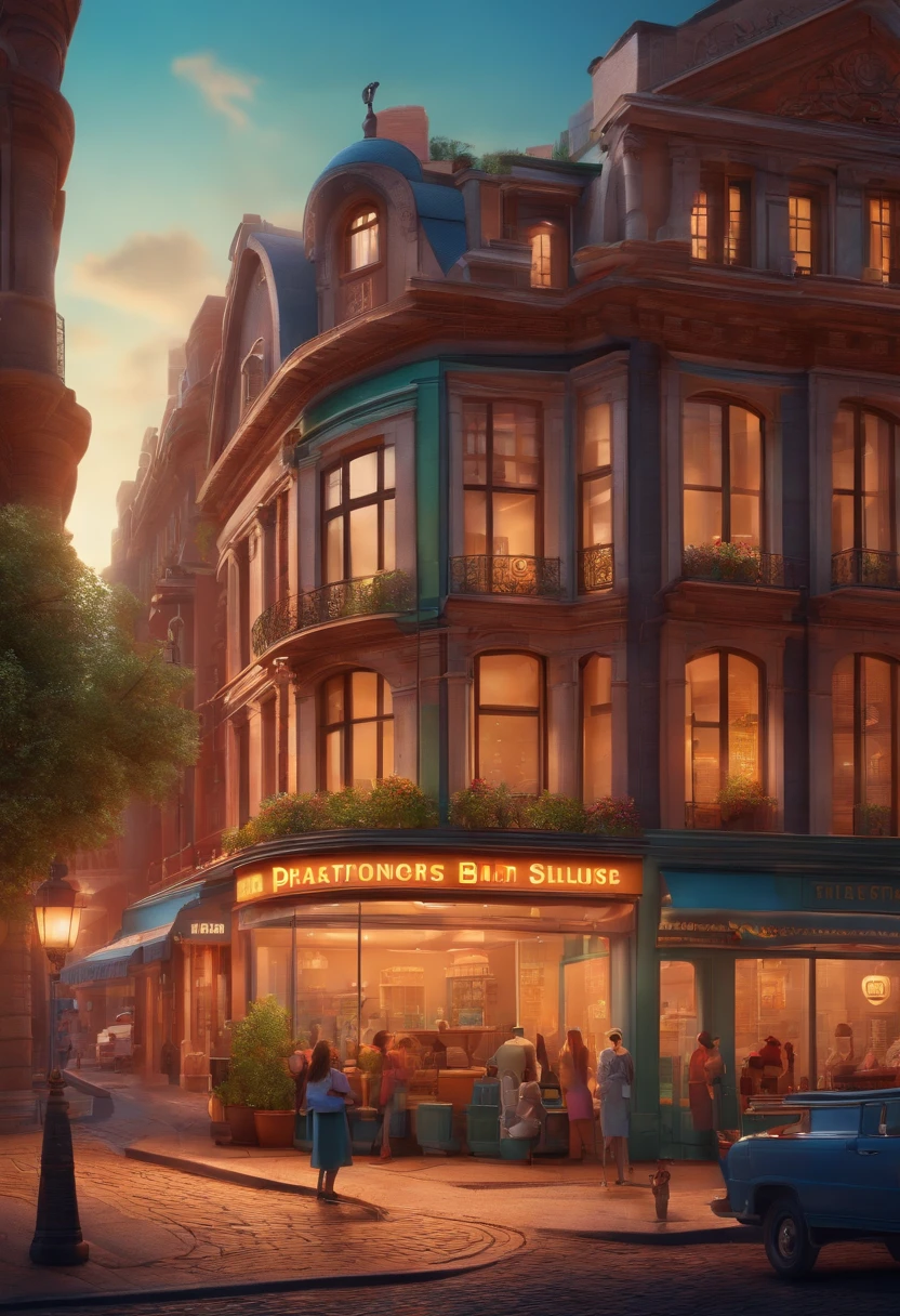 Pixar 3D-style drawing of a slimming clinic in the city center with a character in the foreground