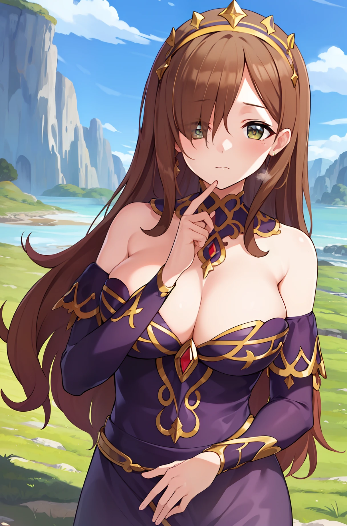a painting of a mountain range with a background of sky and clouds in the background, com um campo verde em primeiro plano,
Standing at attention,
Purple_Longas_Mangas_vestir,(Purple_saia),
jewelries,Brincos,Luvas,
(marrom_Longas_Hair),marrom_olho,Hair_sobre_One_olho,
1 girl, 20 anos,Mature female,Dedo bonito,Belas pernas Longasas,Corpo bonito,Nariz bonito,Belo design de personagens, olhos perfeitos, rosto perfeito,
Olhando para o Viewer, (Big_olho:1.0),(no expression:1.3),
NSFW,Arte Oficial,extremamente detalhado CG unidade 8k papel de parede, perfect lighting,Corido, brilhante_frente_rosto_The lighting,
(master part:1.0),(Melhor_qualidade:1.0), ultra high-resolution,4k,ultra-detalhado,
fotografia, 8k, HDR, Altas, absurdos:1.2, Portra Kodak 400, filmic grain, blurry background, Bokeh:1.2, Reflexo da lente, (vibrante_Cor:1.2)
(Beautiful,grande_seios:1.4), (Beautiful_rosto:1.5),(estreito_cintura), NSFW
