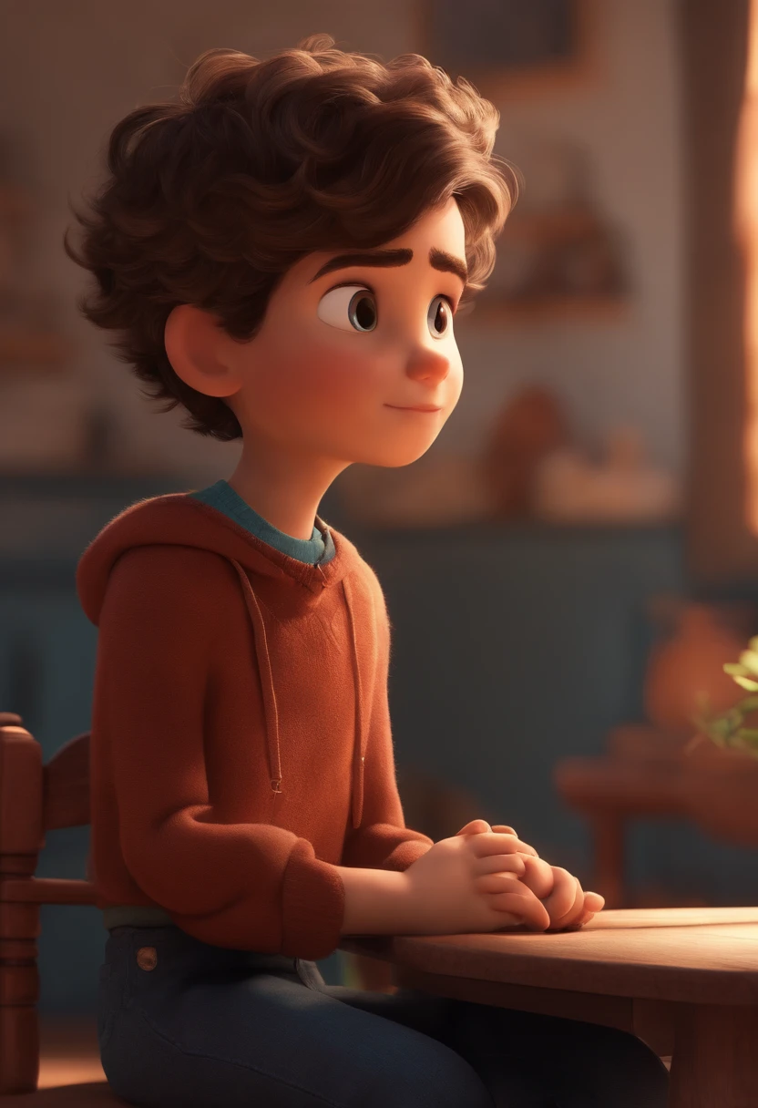Image of a boy for a story in a YouTube video in Pixar format, He's the little allabester, He's the class leader, He's outgoing, Playful and gets up for a lot of things, cabelo curto