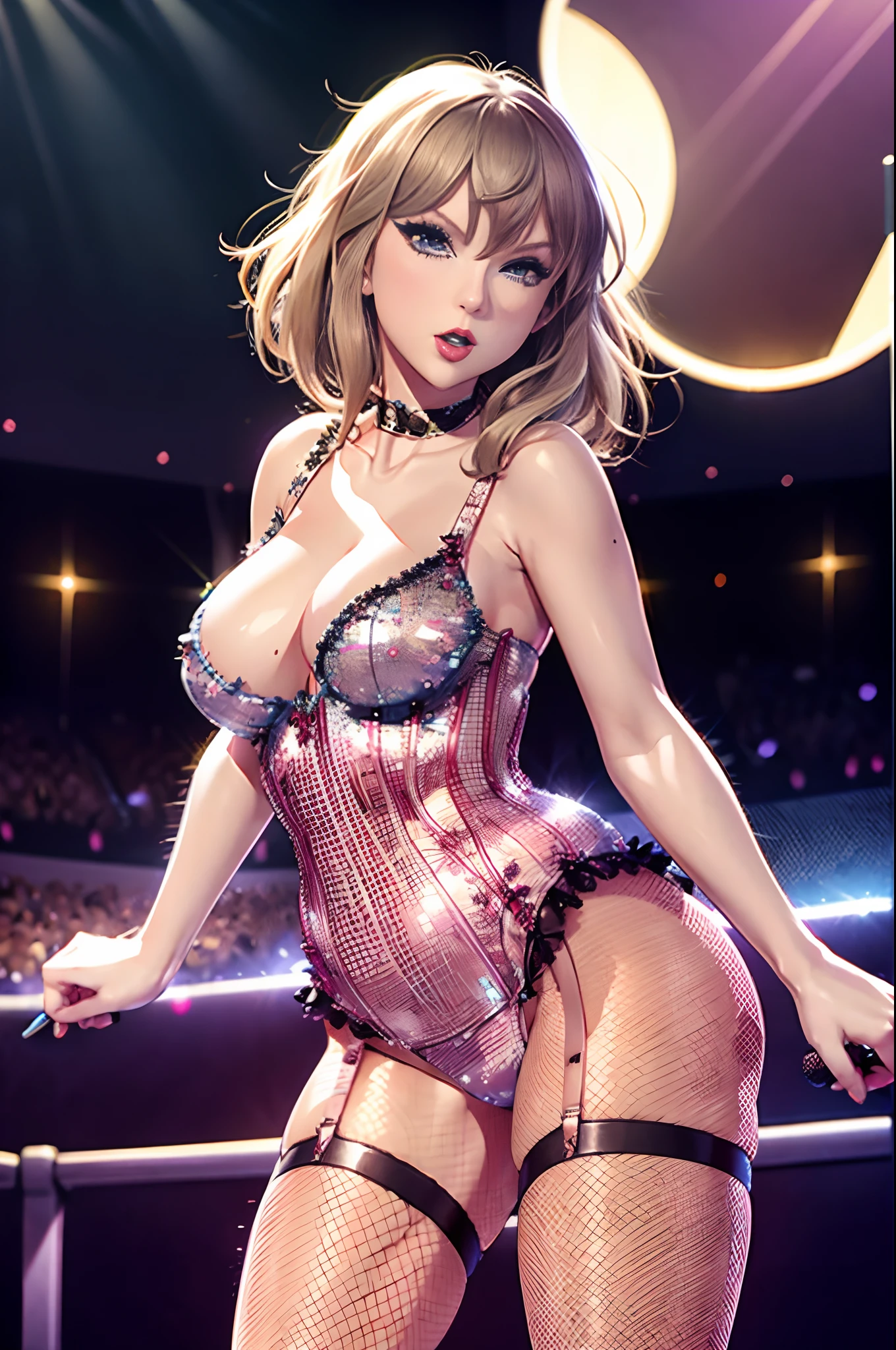 Taylor swift, on stage, in front of audience, wearing Burlesque outfit, wearing corset, wearing garter straps, wearing fishnet stockings, wearing choker collar, thin body, big breasts, sexy pose,