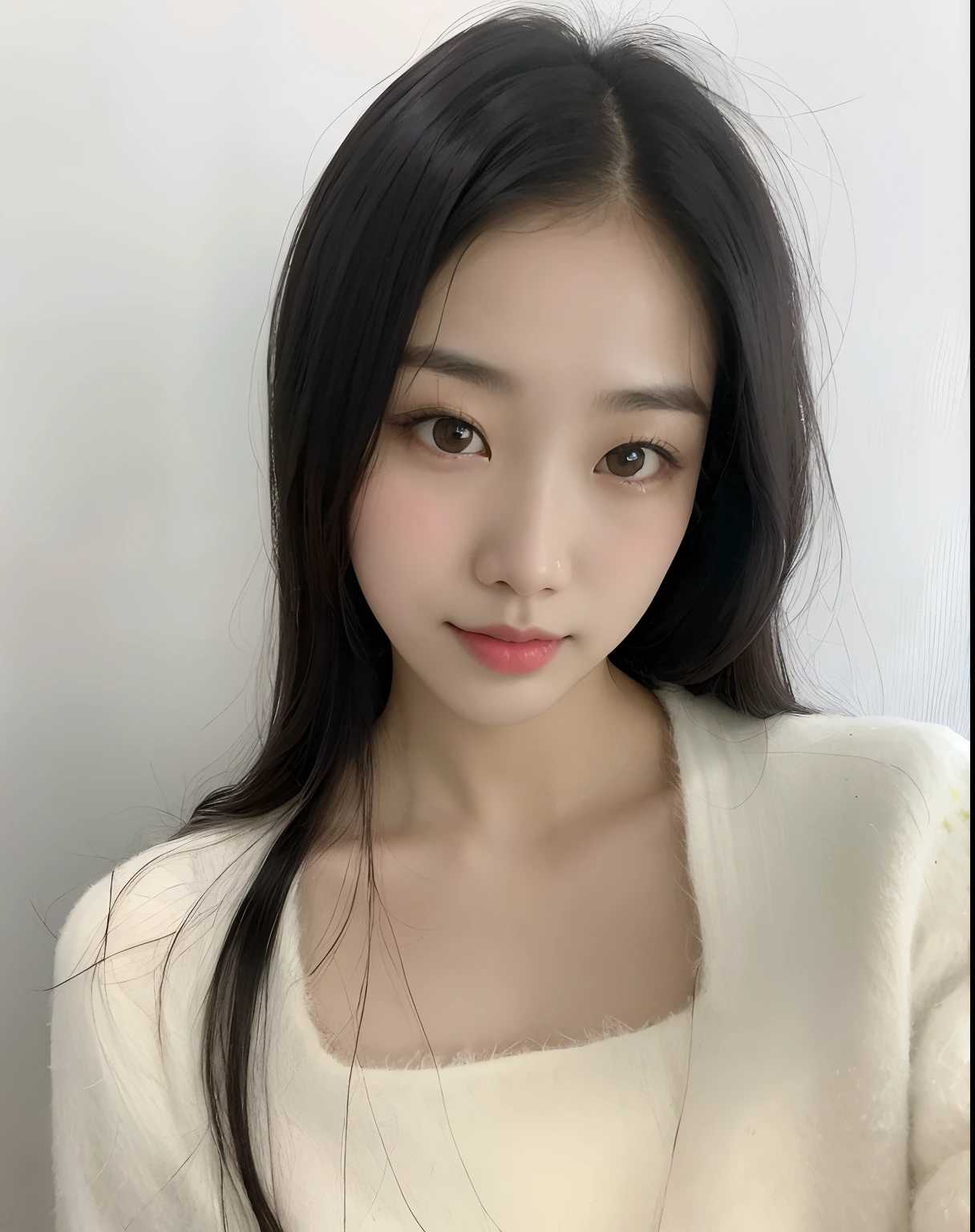 A close-up of a woman with long hair wearing a white sweater, Jinyoung Shin, Jaeyeon Nam, Heonhwa Choe, young cute wan asian face, Lee Ji - Eun, Lee Ji-eun, Xintong Chen, Wenfei Ye, ulzzang, Joven y adorable rostro coreano, Xision Wu, Chica coreana, con cara linda - fina -