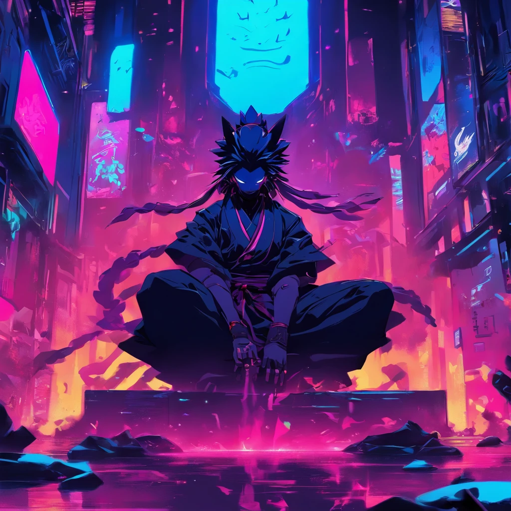 soft illustrative painting style, ,((clean, crisp, soft detailed, best quality)), ,art by ++Benedick Bana & ++alexey kurbatov, ,(centered, view: front), ,foreground: 1Oni Yokai, female, solo, beautiful, empty hands, ,wearing: cyberpunk-ninja outfit, ,pose: sitting, pose: throne, ,background: lo-fi office interior, futurisric animecore,(headroom)