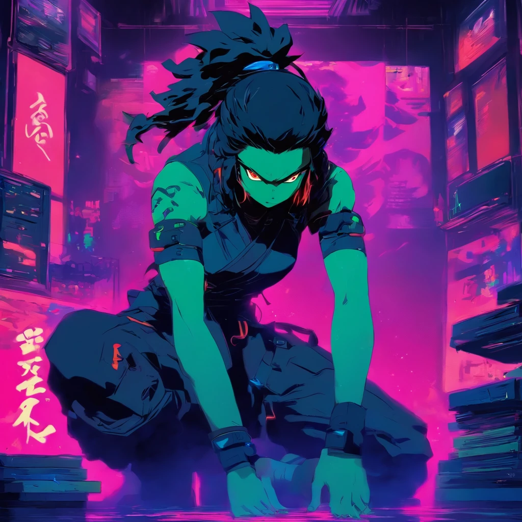 soft illustrative painting style, ,((clean, crisp, soft detailed, best quality)), ,art by ++Benedick Bana & ++alexey kurbatov, ,(centered, view: front), ,foreground: 1Oni Yokai, female, solo, beautiful, empty hands, ,wearing: cyberpunk-ninja outfit, ,pose: sitting, pose: throne, ,background: lo-fi office interior, futurisric animecore,(headroom)