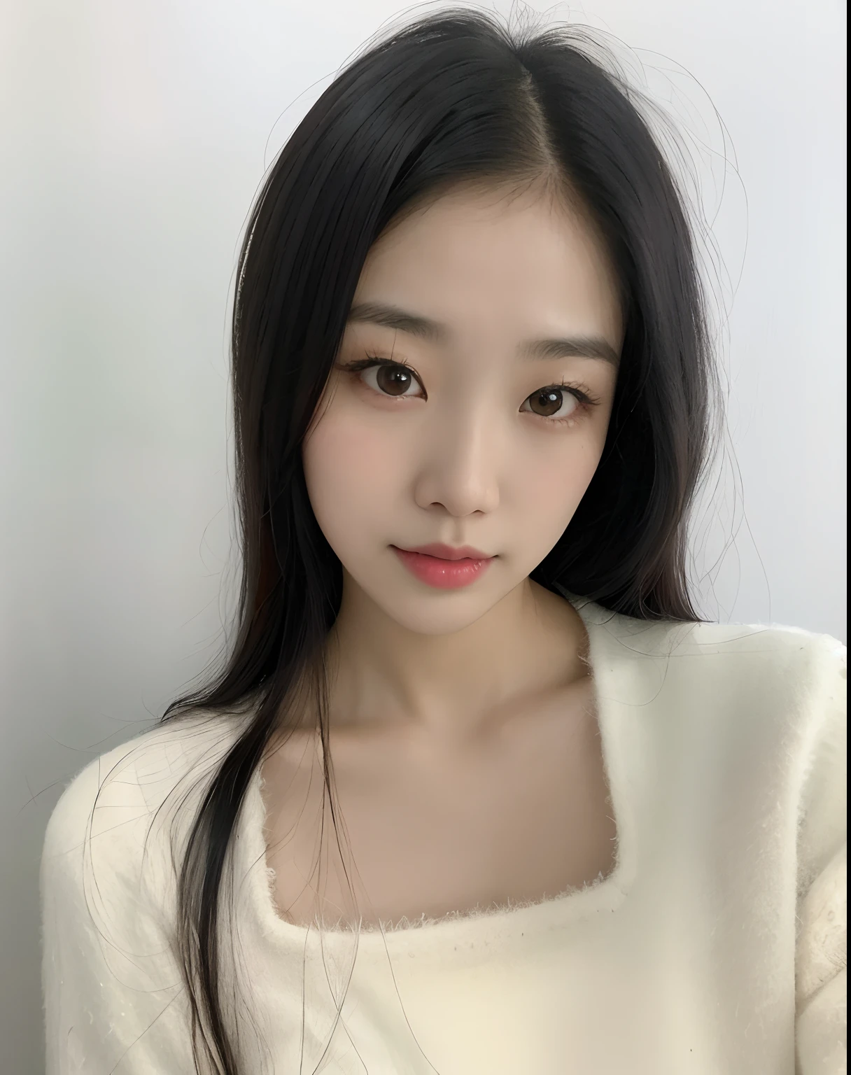 A close-up of a woman with long hair wearing a white sweater, Jinyoung Shin, Jaeyeon Nam, Heonhwa Choe, young cute wan asian face, Lee Ji - Eun, Lee Ji-eun, Xintong Chen, Wenfei Ye, ulzzang, Joven y adorable rostro coreano, Xision Wu, Chica coreana, con cara linda - fina -