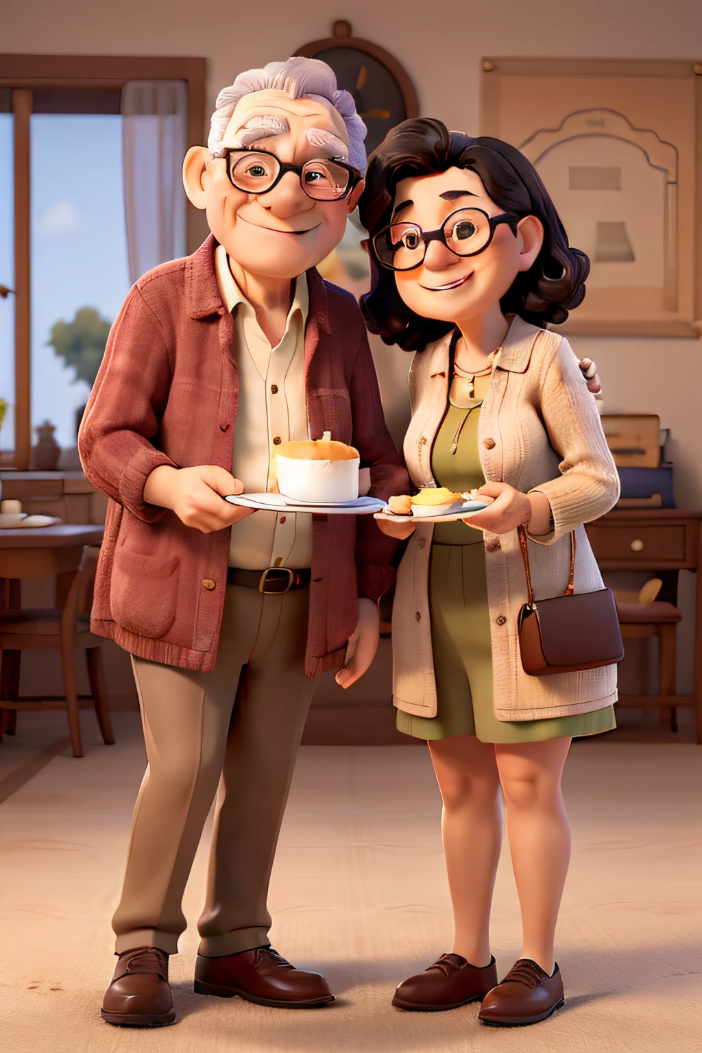 obra-prima, de melhor qualidade, An elderly couple he with chubby glasses cup and is handing a piece of cake with a kiss to his black-haired wife and she doesn't wear glasses