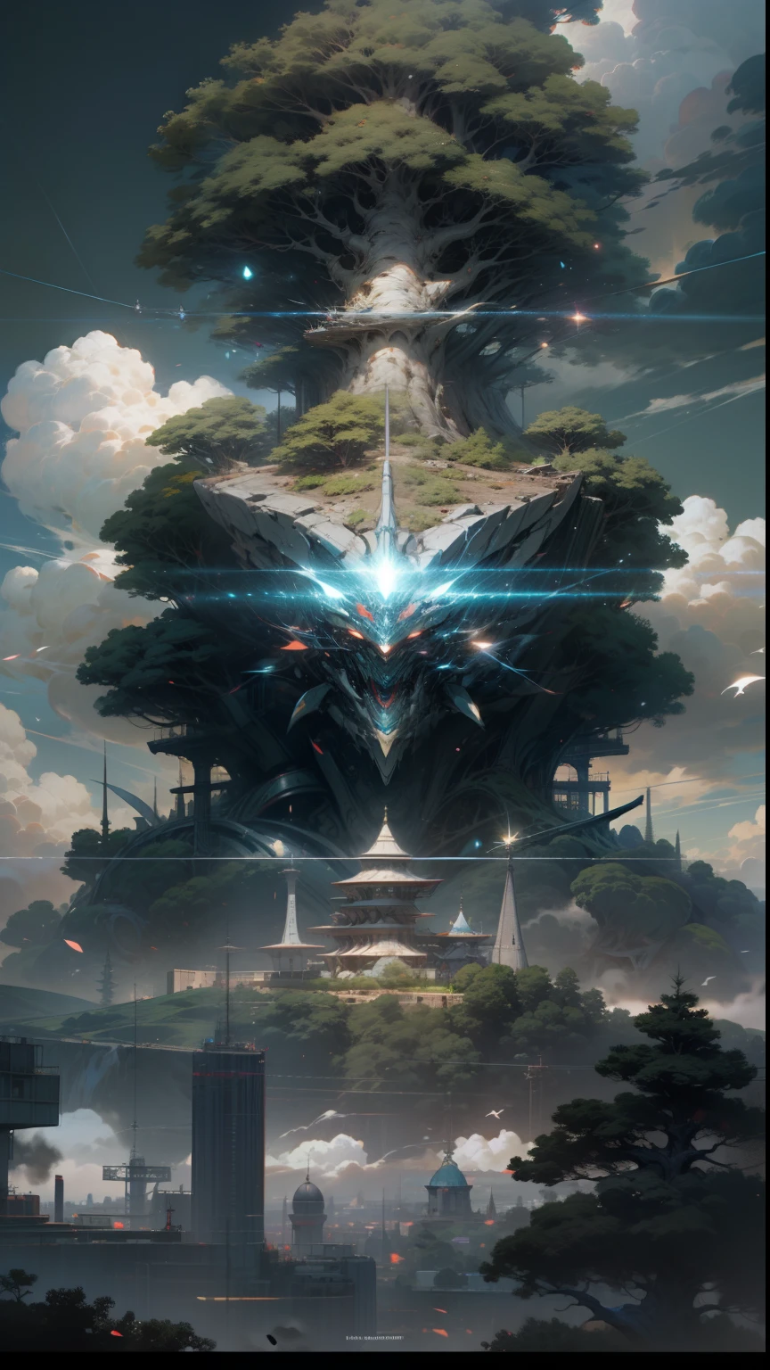 Sky, Clouds, holding_weapon, no_humans, Glow, giant_ trees , cyberpunk_Architecture, "sky, cloud, glowing, big trees , building, cybernetic _trees, tree_mech, sci-fi, cityscape, realistic, mechanical" Science Fiction, Cities, Rendered in Octane, hyper realistic, 8k, epic composition, cinematic, octane render, artstation landscape vista photography by Carr Clifton & Galen Rowell, 16K resolution, Landscape veduta photo by Dustin Lefevre & tdraw, 8k resolution, detailed landscape painting by Ivan Shishkin, DeviantArt, Flickr, rendered in Enscape, Miyazaki, Nausicaa Ghibli, Breath of The Wild,,trending in artstation, cgsociety, 8k post-processing highly detailed,Junji Murakami, Mucha Klimt, Sharandula, Hiroshi Yoshida, Tom Bagshaw, Ross Tran, Artgerm,Craig Mullins,dramatic,Junji Murakami, moody lighting rendered by octane engine,characters 8K symmetrical arstation, cape,cinematic lighting, intricate details, 8k detail post processing, hyperealistic, octane rend, Zdzisław Beksiński style, ar 2:3 Reality Reality