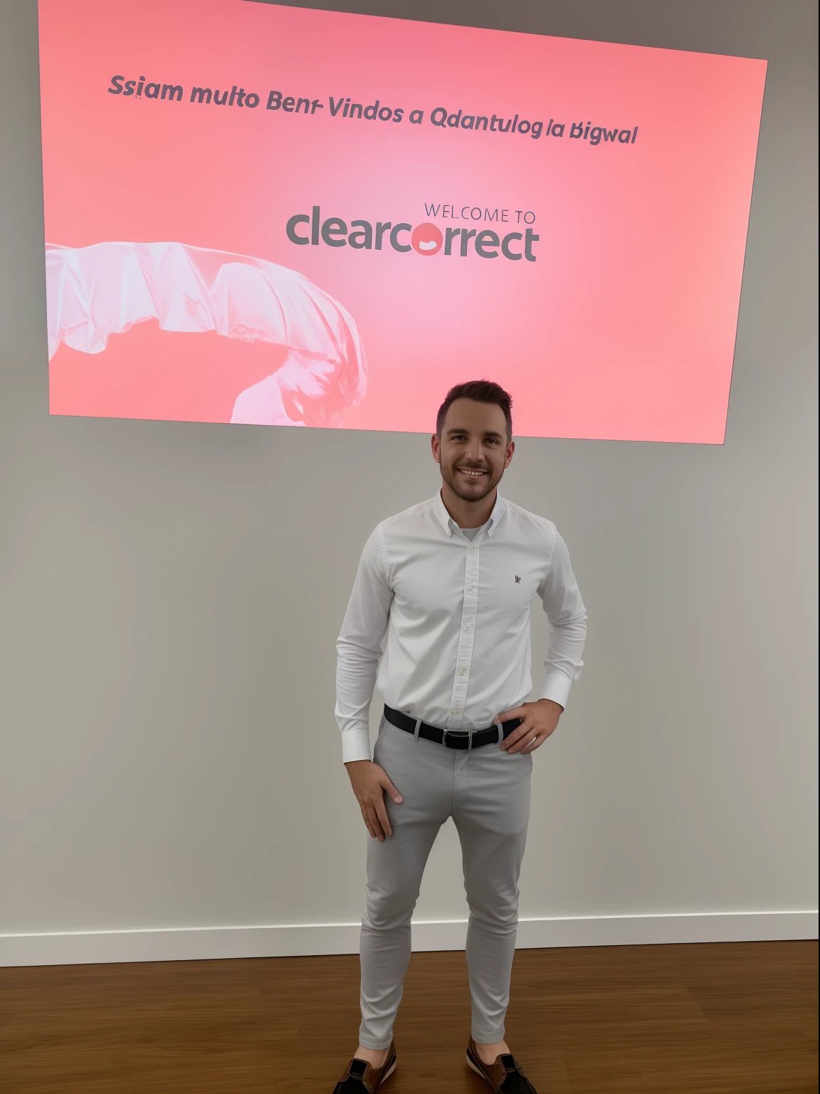 Cartoon character standing in front of a big screen with a pink background, Rosto claro, Clint Clearley, in front of a large crowd, assunto claro, rosto claro, Plano de fundo claro, imagem profissional, staring directly at camera, fundo limpo, Heath Clifford, na frente do fundo branco, Limpar foto, Claro e focado, product introduction photos