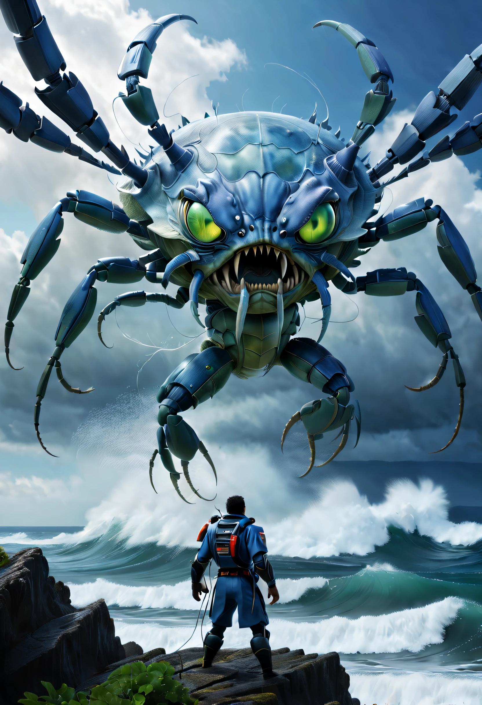 （A giant crab stares fiercely at a man begging for help in the sky），（a creature 5 meters tall:1.0），（Huge white eyes are unusually bright：1.37）（The giant's thick legs stand on the reef） ，（The shell is dark green）， （Dark blue wide oval abdomen）, （Very hard and thick shell texture）， (There are a pair of large protruding compound eyes：0.8），（Unusually long and flexible antennae：1.1），（The length is about 1/3 The width of the crab's body：0.5） ，（There is a small pair of pliers on the top of the head），（Fresh fluff：0.8）， giant ethereal creature,The texture is clear， （People who ask for help：1.37），（Deep blue lightning thundering sky）， Background with：nebulous sky，（salama：1.1），（rough sea），（Greatwave），Recife， 真实感，Epic，ultraclear，afterimage, Dutch angle, From below, Sony FE GM, Chiaroscuro, Blurry, hyper HD, Masterpiece, Textured skin, Super detail, High details, High quality, Award-Awarded, Best quality, A high resolution, 8K，Epic，sci-fy，Futuristic fantasy，cotw，thriller