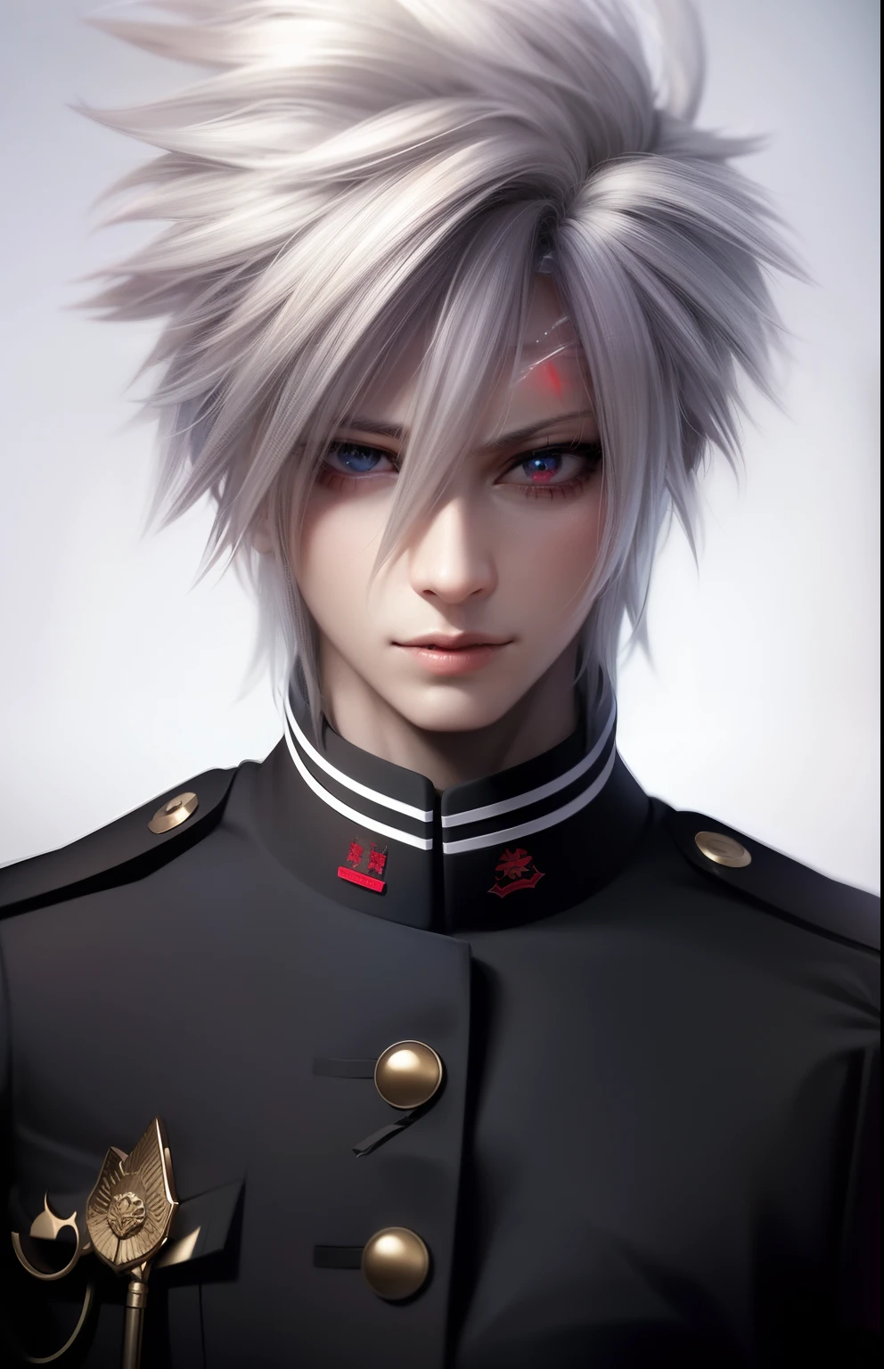a close up of a person in uniform with a red star on his forehead, male anime character, nagito komaeda, he has dark grey hairs, anime character, game cg, hyper realistic anime, 2 d cg, with glowing red eyes, semi realistic anime, male anime style, semi - realistic anime, anime boy, photorealistic anime, detailed anime character art
