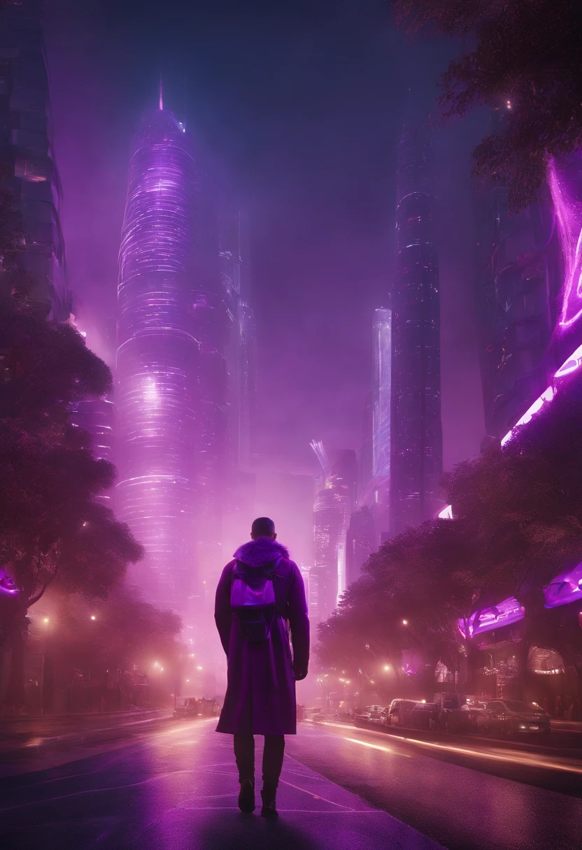 I'm a digital content producer on Instagram and my niche is artificial intelligence. I'm reaching the 5 thousand followers mark. I want you to help me create an image celebrating this brand. The image must be based on shades of purple and have content related to Artificial Intelligence and the number of followers. An idea could be a crowd of robots and people living together in a futuristic city, or something like that (this is just a suggestion). An image must be high definition, ultra-realistic, with well-defined textures and appear realistic. The aspect ratio should be 9:16. Write “5k” in reference to 5 thousand followers.