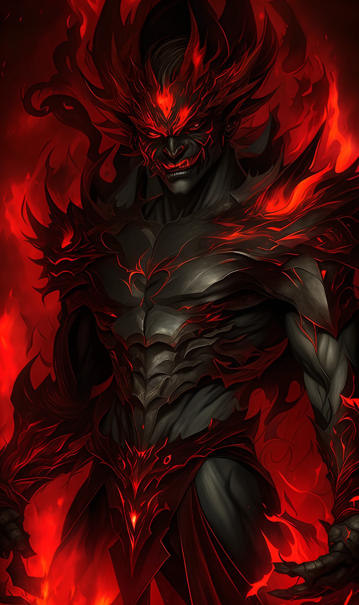 a close up of a demonic looking man with red flames, demon male, djinn man male demon, human male demon, ruler of inferno, demon soul concept art, male djinn man demon hybrid, man male demon, portrait of hades, obsidian skin, demon lord, red demon armor, infernal enigma, muscled humanoid balrog demon