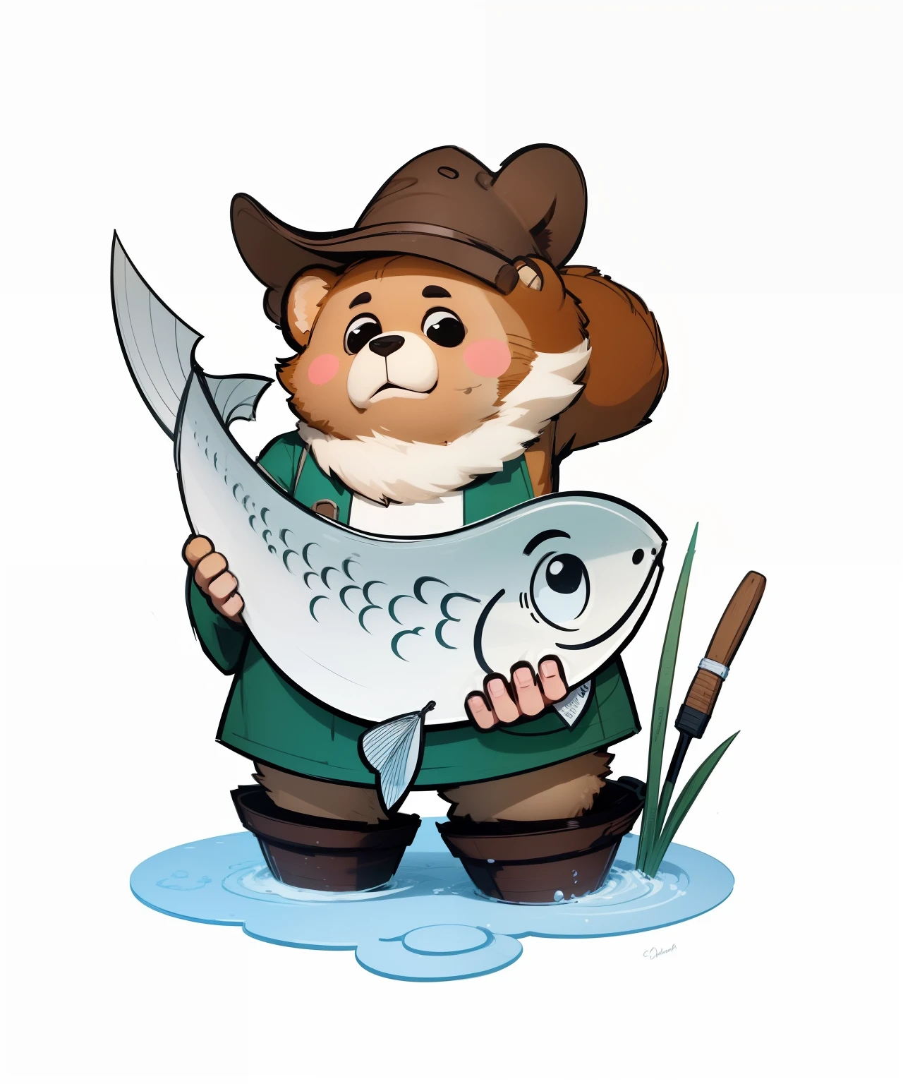 (On parchment paper, Sheet Characteristics), A full body shot, with the image of a large cartoon brown bear, Dressed in fishing boots, Perch caught in paws, Next to it is a box with fishing gear, On a summer day in a meadow a bucket of fish,, Character sheet of old parchment paper with 24K resolution, high detail, photo realism, Realistic sketch, Rough sketch, mix of bold dark lines and loose lines, bold lines, humanoid, centered, Focus on character, Big Fish Fluffy Bear Paws, Рафф Баттл носит Visage Dusty Cute.