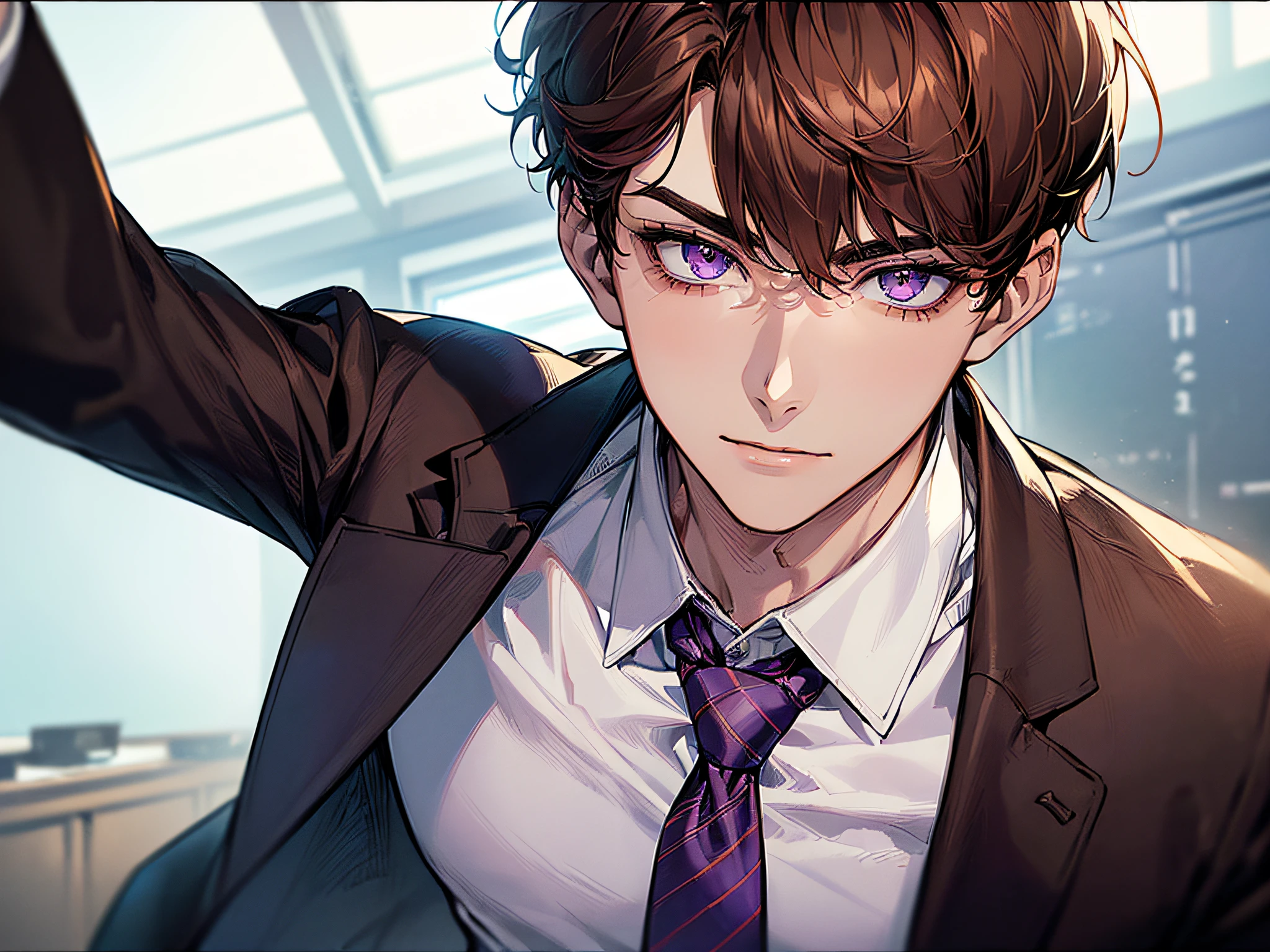 (((((solo)))),24-year-old boy, Warm skin, Pupil Purple, Mature Face, head portrait,,Male Focus, Looking at Viewer, upper body ,Brown hair, Short hair, Facial Focus, Adult, Business Suit, Jacket, White shirt, tie, Pants, Best Quality, Facial details.,Classroom,Sharp eyes