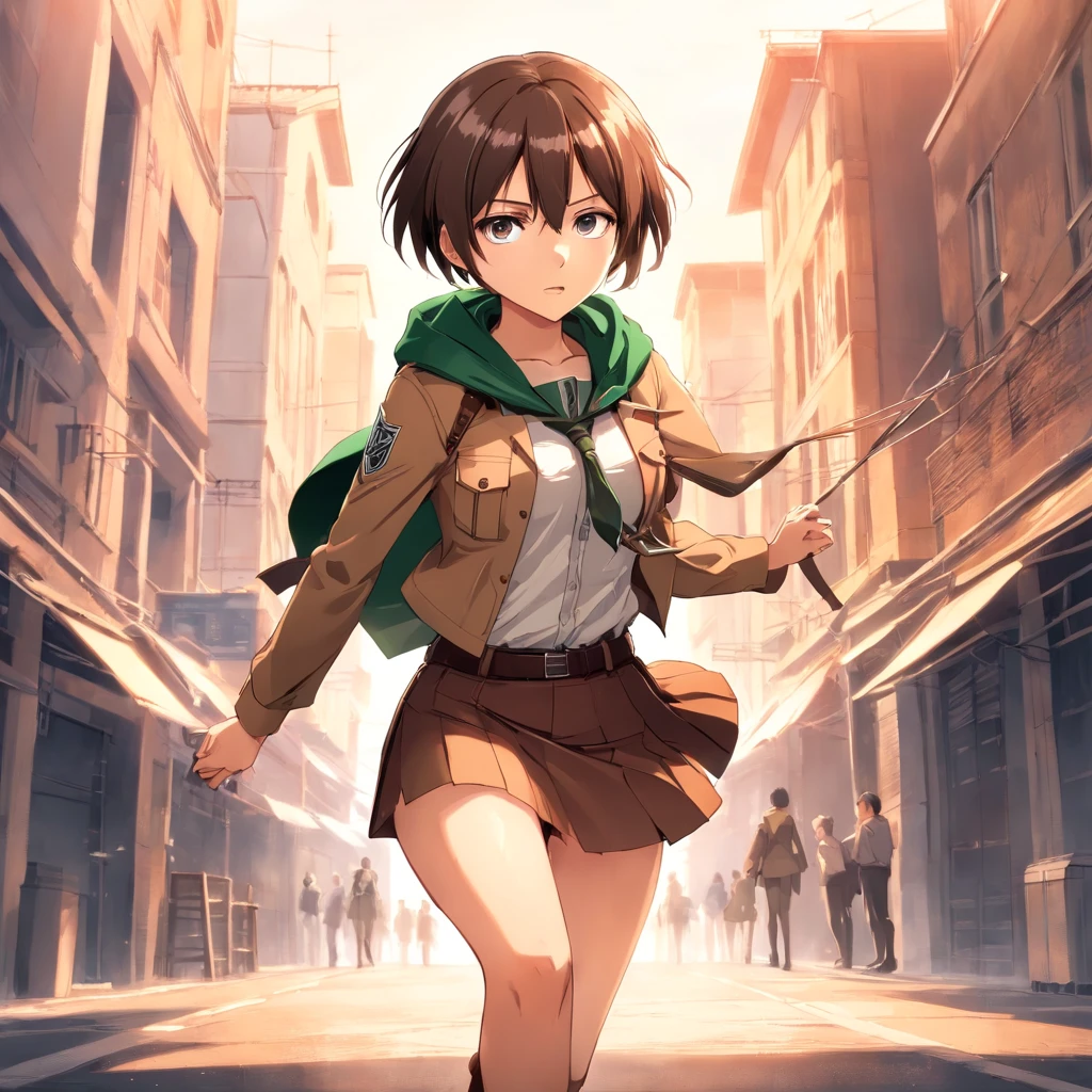 Attack on Titan, Boy with black wair with side parted short hairstyle, hair down, little fringe. And The short boxed beard. Attack on Titan style. Wearing white button up collared shirt, a dark brown waist skirt, fitted white pants, knee-high boots of the same color as the waist skirt, and a light brown colored high waist jacket. The uniform also comes with a green cape with a hood that also encompasses the Survey Corps logo on the back. Soldiers in this branch have a maneuver gear box which is strapped onto their waist area with harnesses along the chest and legs area.