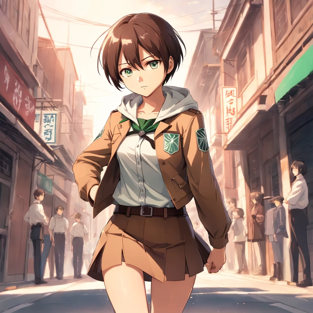 Attack on Titan, Boy with black wair with side parted short hairstyle, hair down, little fringe. And The short boxed beard. Attack on Titan style. Wearing white button up collared shirt, a dark brown waist skirt, fitted white pants, knee-high boots of the same color as the waist skirt, and a light brown colored high waist jacket. The uniform also comes with a green cape with a hood that also encompasses the Survey Corps logo on the back. Soldiers in this branch have a maneuver gear box which is strapped onto their waist area with harnesses along the chest and legs area.