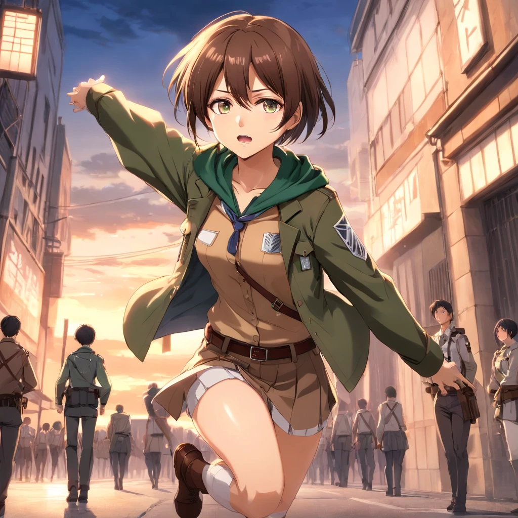 Attack on Titan, Boy with black wair with side parted short hairstyle, hair down, little fringe. And The short boxed beard. Attack on Titan style. Wearing white button up collared shirt, a dark brown waist skirt, fitted white pants, knee-high boots of the same color as the waist skirt, and a light brown colored high waist jacket. The uniform also comes with a green cape with a hood that also encompasses the Survey Corps logo on the back. Soldiers in this branch have a maneuver gear box which is strapped onto their waist area with harnesses along the chest and legs area.