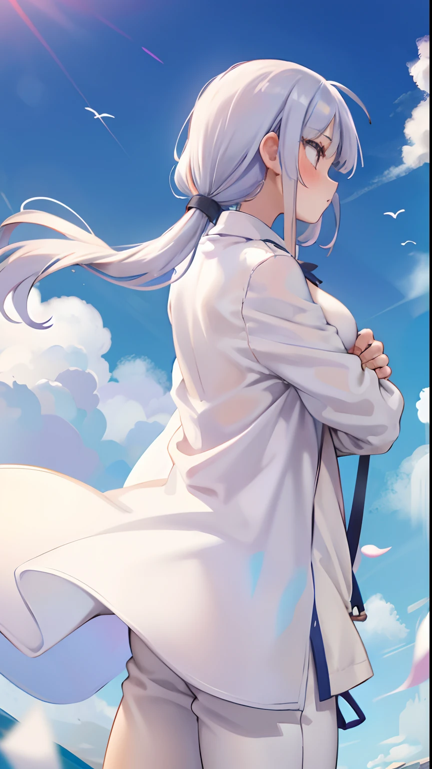 A girl with tied hair long sleeves loose white plain white coat dress，Long pants hug your chest