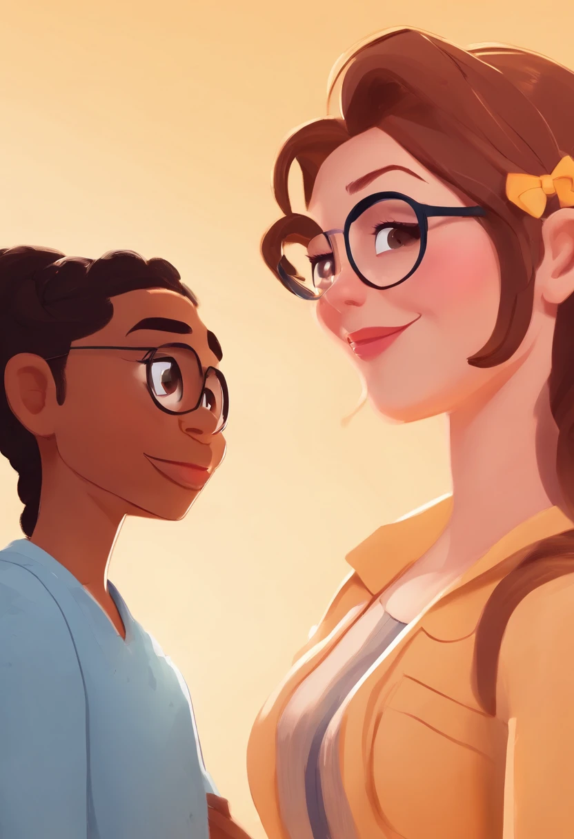 An illustration of an adorable couple, Highlight for a black man and a brunette woman with beautiful black glasses and expressive eyes – the man's skin is light brown and the man's hair is short and black, while the woman's skin is brown, com sardas no rosto e o cabelo da mulher liso e preto. They are a bright room, cada um com um sorriso no rosto, e compartilhar um momento especial caracterizado pelo amor, Insights. Illustrate this scene from a perspective where they are facing the camera, Smiling and Showing Your Connection. Desenvolva esta arte em Full HD, Focus on your cinematic touch, Estilo Disney Pixar Animations