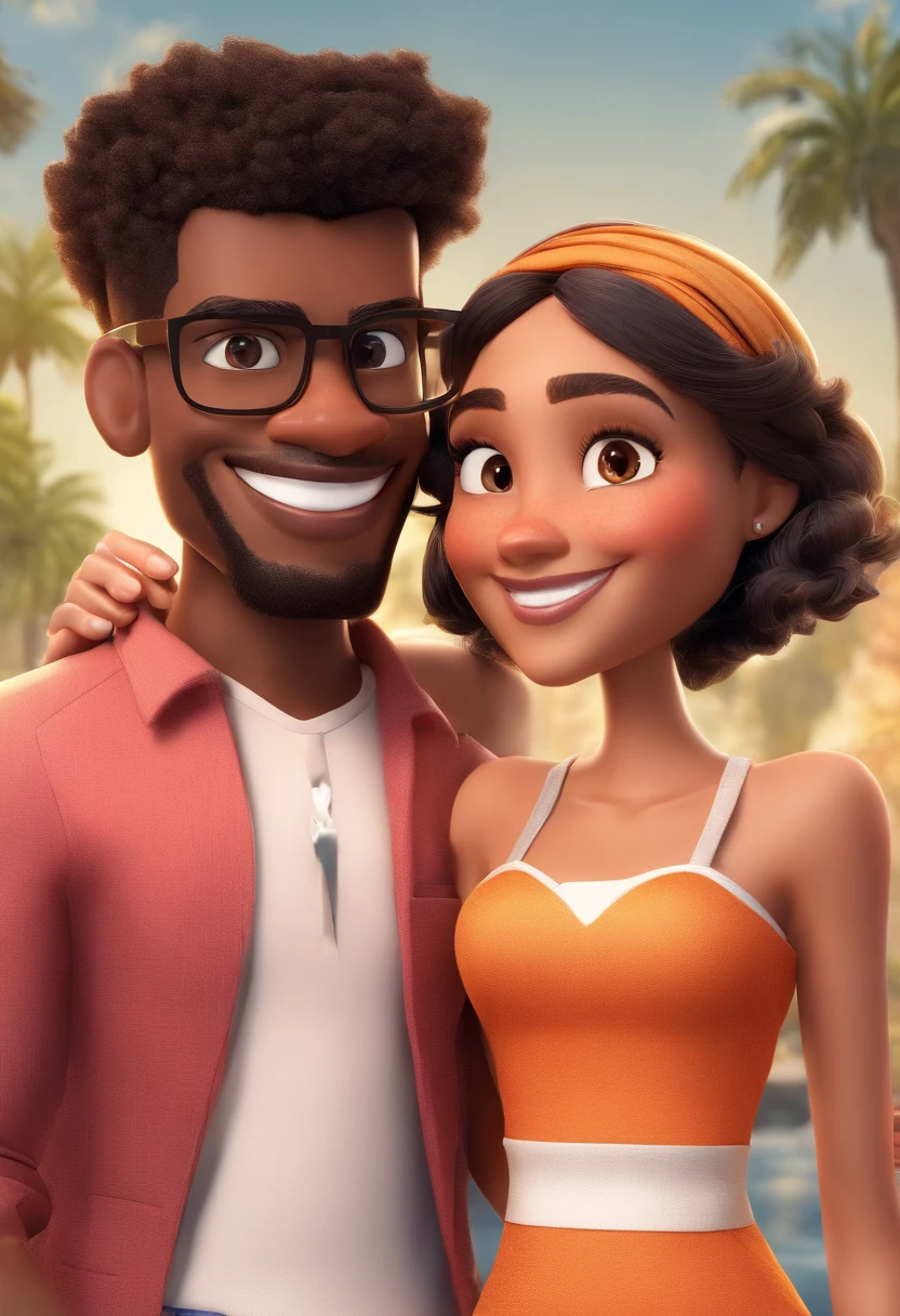 An illustration of an adorable couple, Highlight for a black man and a brunette woman with beautiful black glasses and expressive eyes – the man's skin is light brown and the man's hair is short and black, while the woman's skin is brown, com sardas no rosto e o cabelo da mulher liso e preto. They are a bright room, cada um com um sorriso no rosto, e compartilhar um momento especial caracterizado pelo amor, Insights. Illustrate this scene from a perspective where they are facing the camera, Smiling and Showing Your Connection. Desenvolva esta arte em Full HD, Focus on your cinematic touch, Estilo Disney Pixar Animations