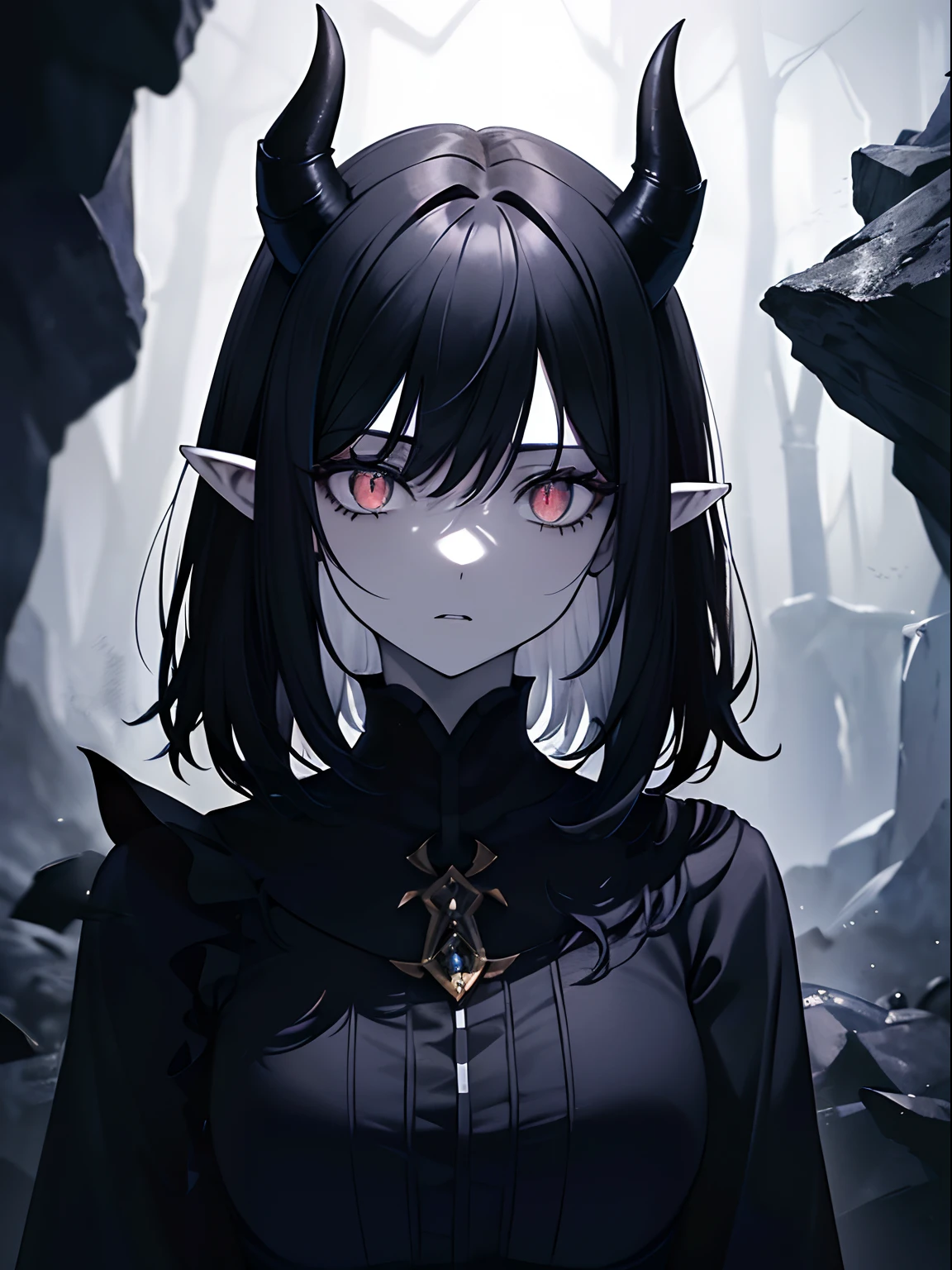 (masterpiece,best quality,ultra-detailed),1girl,dark black hair,dark hair,black hair, shadow hair,short hair,messy hair, glowing eyes,oni horns,pale skin,pointy ears,((grey theme)),in a dark cave,(night),((medium shot)), looking at viewer,