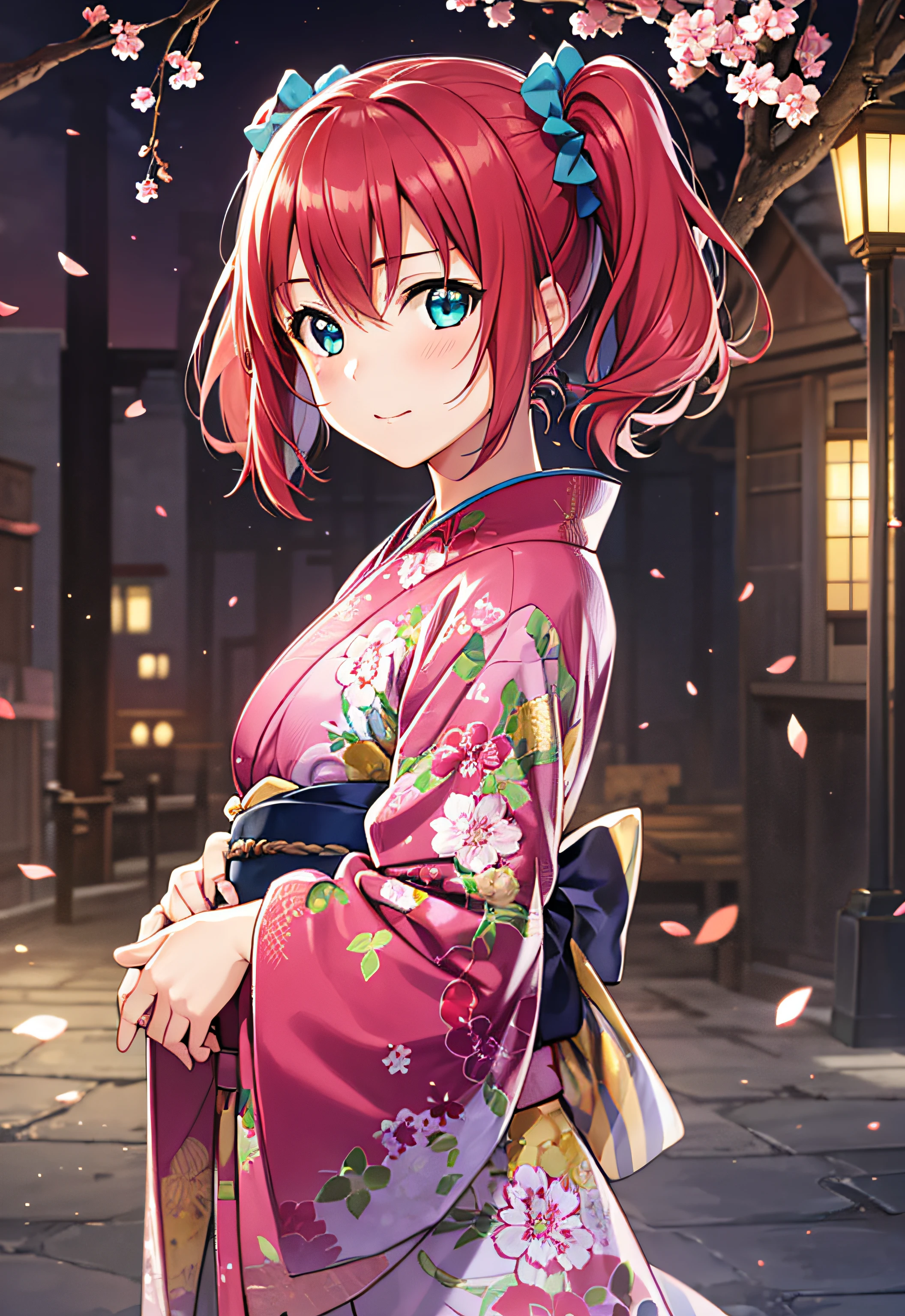 masterpiece, best quality, 1girl, solo, long kimono,  on the festival,, kurosawa ruby, twintails, short hair, red hair, rturquoise eyes, small breast asutepiece, Highest Quality, on the night, realistic, cherry tree background, full hd, small body, on the night