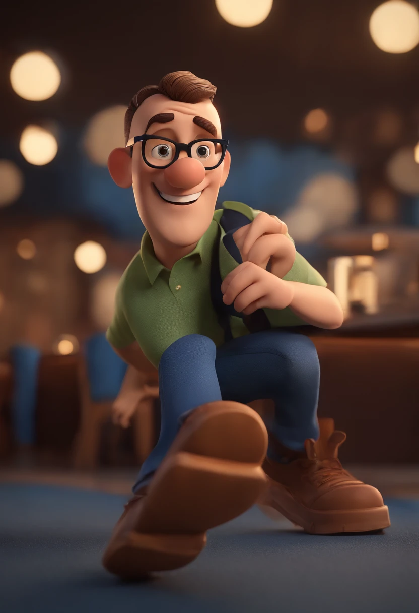 Cartoon character of a man wearing black glasses and a blue shirt, um personagem animado, Caractere estilizado, animation style rendering, 3D estilizado, Arnold Maya render, 3 d render stylized, toon render keyshot, Personagem 3D, Personagem 3D, 3d rendering stylized, 3 d character render, personagem de desenho animado, Personagem de close up, Pose de personagem, (Estilo Pixar) (master part:1.2) (Bokeh) (best quality) (pele detalhada) (textura detalhada) (8k) (argila) (Cinematic lighting) (foco nítido，Senta e vaza a parte superior do corpo