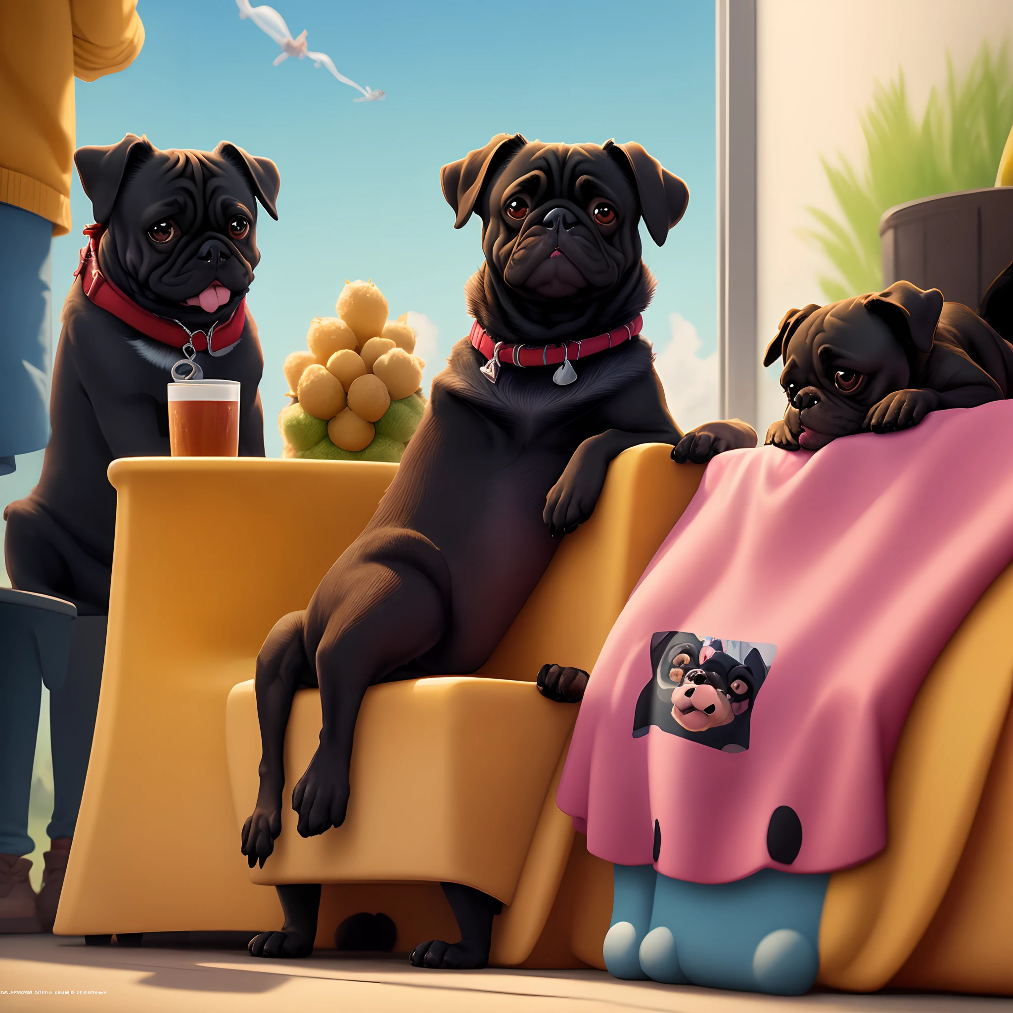 a disney pixar movie poster with the title e.t on the right image with a black pugdog sitting down