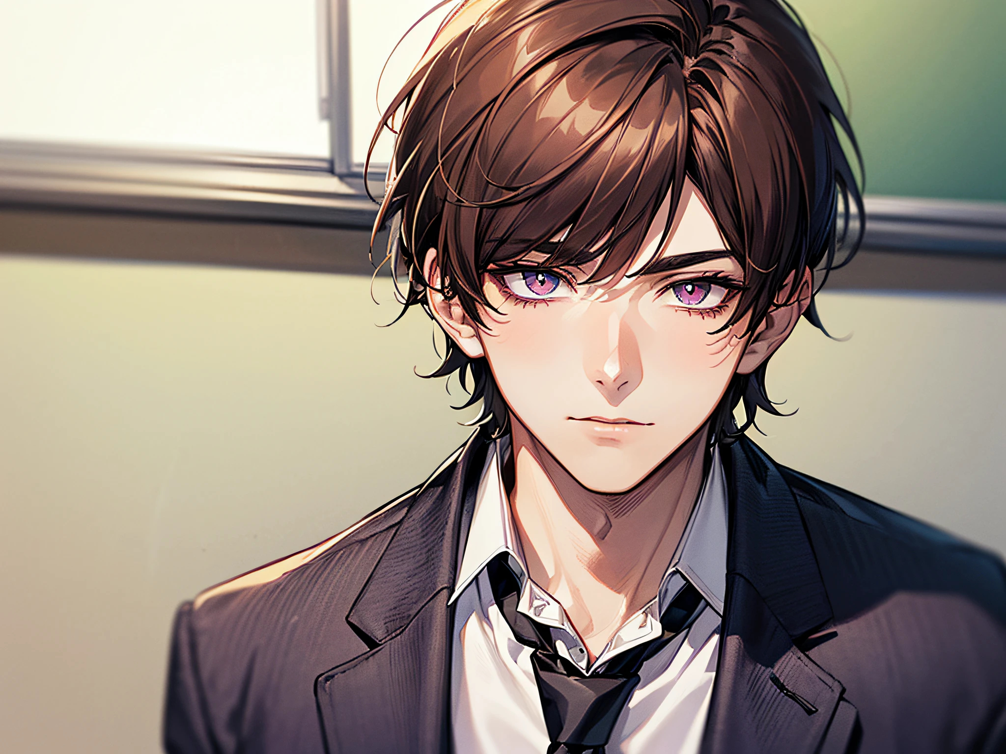 (((((solo)))),24-year-old boy, Warm skin, Pupil Purple, Mature Face, head portrait,,Male Focus, Looking at Viewer, upper body ,Brown hair, Short hair, Facial Focus, Adult, Business Suit, Jacket, White shirt, tie, Pants, Best Quality, Facial details.,Classroom,Sharp eyes