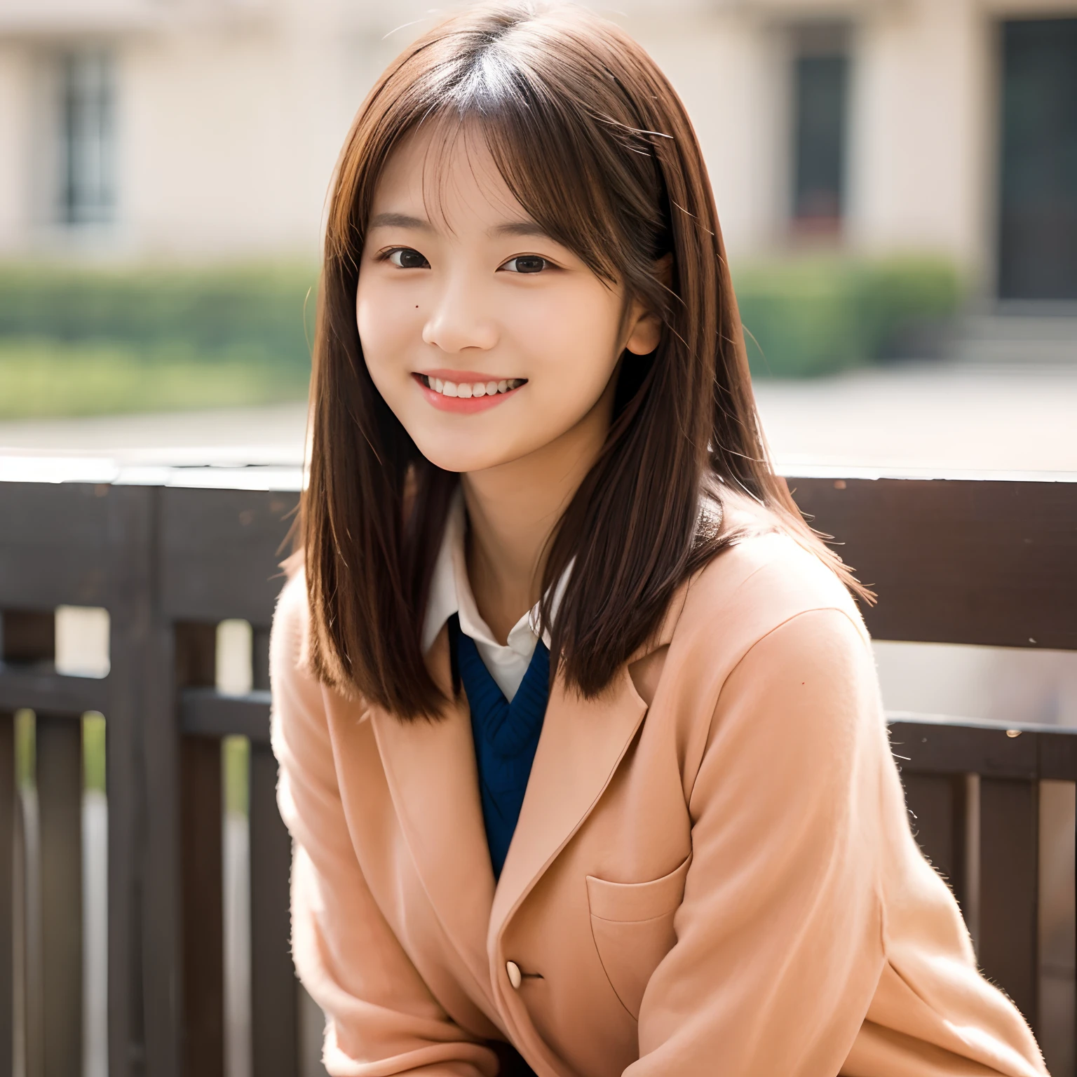 hi-school girl,校服,With short hair, young cute wan asian face, 奈良美智, with round face, Coral Brown Hair, japanes,girl with, Gorgeous young Japan woman, she has long orange brown hair, cute - fine - face, tzuyu from twice, she is facing the camera,gently smiling