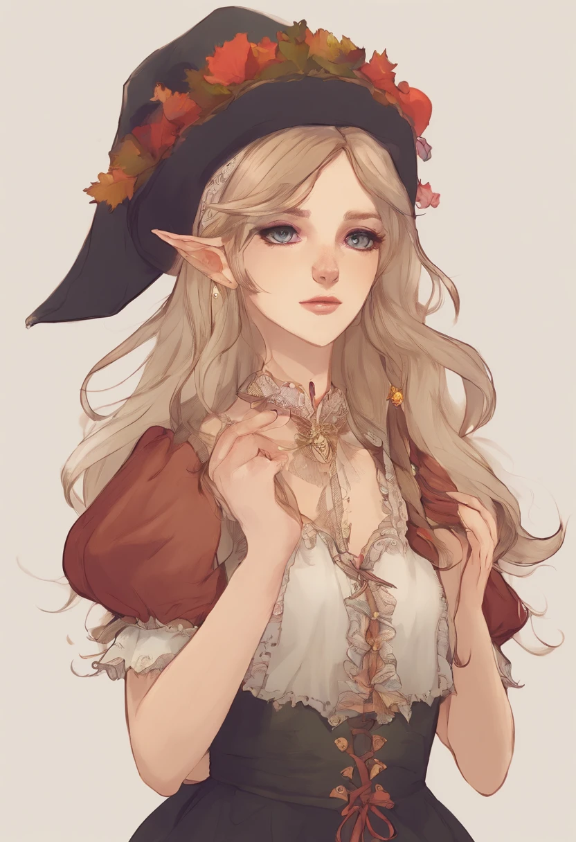 (1elf), (elfo), (orelhas pontudas), obra-prima, melhor qualidade, highres, cabelo loiro, cabelo longo, (klee hair), hairbow, seios pequenos, capa, olhos vermelhos, (witch clothing), (Witch hat), (witch cape), ((witch outfit)) vestido preto,