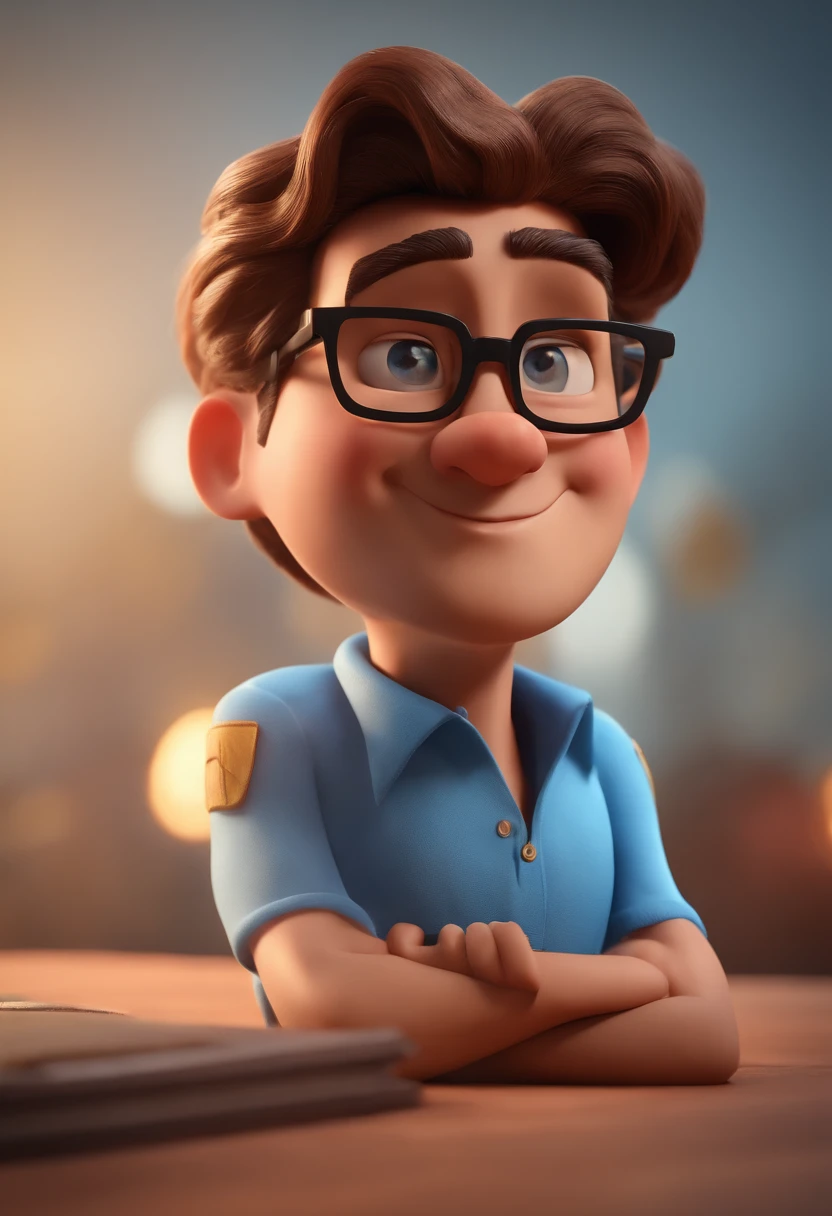 Cartoon character of a man with black glasses and a blue shirt, animation character, Caractere estilizado, animation style rendering, 3D estilizado, Arnold Maya render, 3 d render stylized, toon render keyshot, Personagem 3D, Personagem 3D, 3d rendering stylized, 3 d character render, personagem de desenho animado, Personagem de close up, Pose de personagem,  (Estilo Pixar) (master part:1.2) (Bokeh) (best quality) (pele detalhada) (textura detalhada) (8k) (argila) (Cinematic lighting) (foco nítido