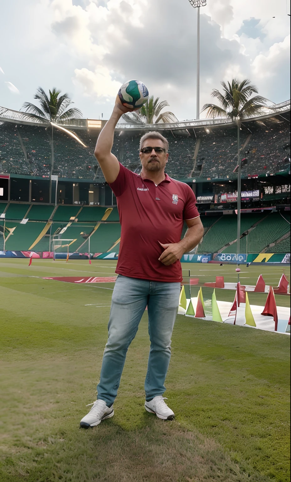 Homem gordo com 45 anos, wearing maroon football outfit from Fluminense Football Club, Looking ahead to the Copa Libertadores, with Black glasses, retrato, POV hiper detalhado, cores ricas, hyper realistic, textura realista, dramatic lighting, Standing in a Maracanã soccer stadium, detailed symmetric realistic face, textura natural extremamente detalhada, extremamente detalhado, Amazing, detalhes finos, foto realista, Foto RAW, TanvirTamim, alta qualidade, Altas, foco nítido, extremamente detalhado, Cinematic lighting, Qualidade de imagem superior, alta resolução, Green and gren fireworks, Play throughout the stadium, bola, Copa Libertadores de América (((Veja o corpo inteiro))), Borda do realismo, textura realista, dramatic lighting, HDR, fireworks Green, white and maroon