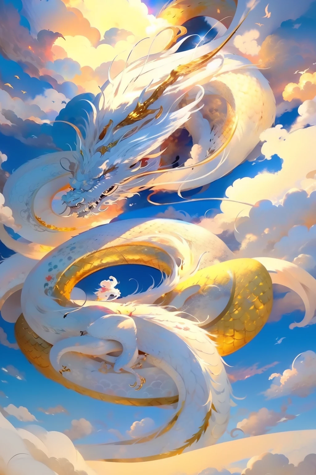 White Dragon，on clouds，Fire and sun on background、Golden Dragon、Silver Dragon、Shenmu Longhui、gentle