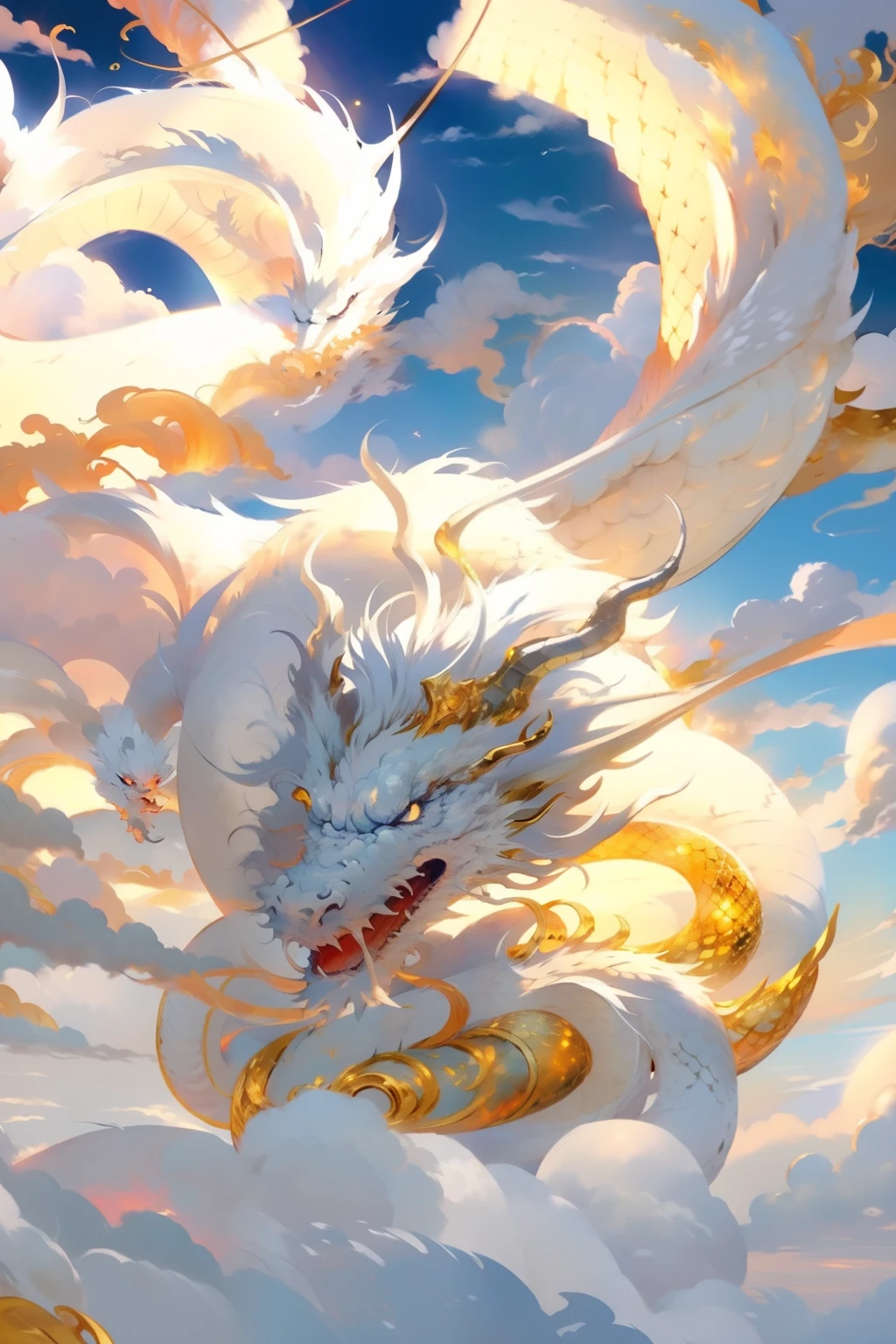 White Dragon，on clouds，Fire and sun on background、Golden Dragon、Silver Dragon