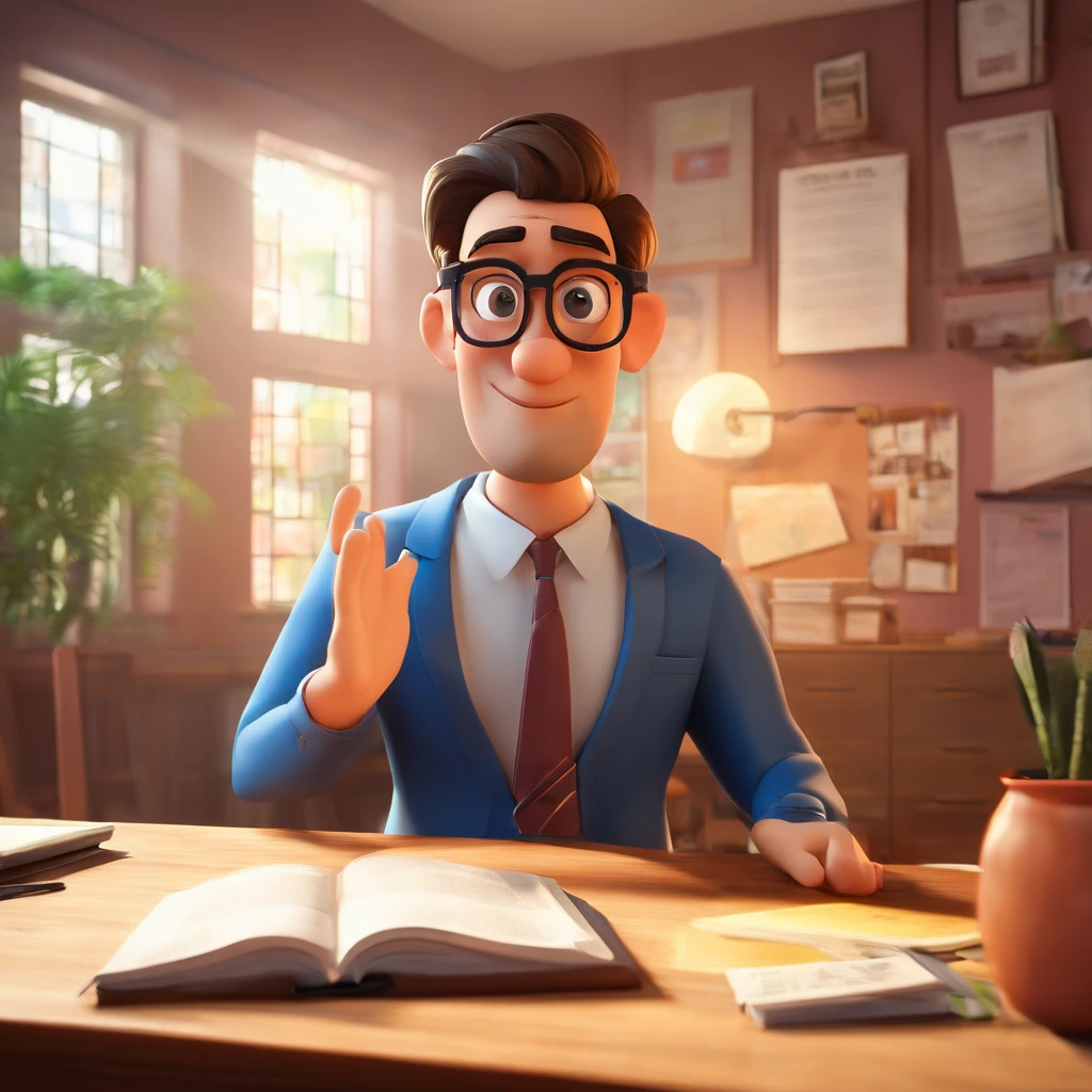 Crie um cartaz inspirado na Disney Pixar com o personagem sendo um pastor, A brown-haired man wearing glasses, in an office with a Bible on the table, Looking forward and serious