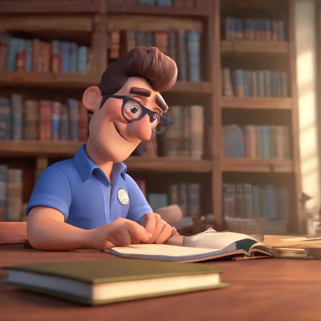 Crie um cartaz inspirado na Disney Pixar com o personagem sendo um pastor, A brown-haired man wearing glasses, in an office with a Bible on the table, Looking forward and serious