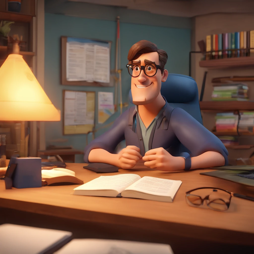 Crie um cartaz inspirado na Disney Pixar com o personagem sendo um pastor, A brown-haired man wearing glasses, in an office with a Bible on the table, Looking forward and serious