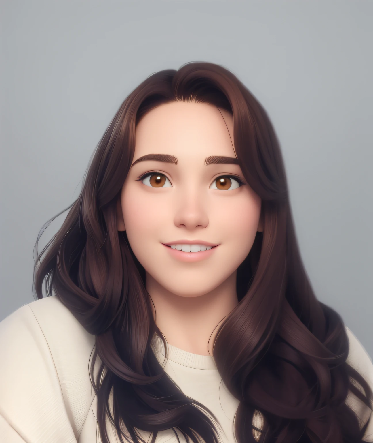 An 18-year-old woman, with long dark brown hair , Cara triangular, sonrisa encantadora, y ojos marrones, en un aula, Studio lighting, Sign language interpreter and sign language teacher. Lleva ropa negra, blusa y jeans negros