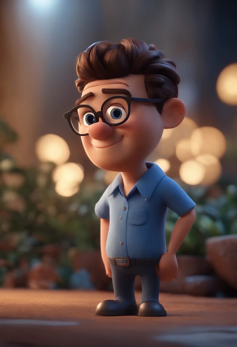 Cartoon character of a man with black glasses and a blue shirt, animation character, Caractere estilizado, animation style rendering, 3D estilizado, Arnold Maya render, 3 d render stylized, toon render keyshot, Personagem 3D, Personagem 3D, 3d rendering stylized, 3 d character render, personagem de desenho animado, Personagem de close up, Pose de personagem,  (Estilo Pixar) (master part:1.2) (Bokeh) (best quality) (pele detalhada) (textura detalhada) (8k) (argila) (Cinematic lighting) (foco nítido