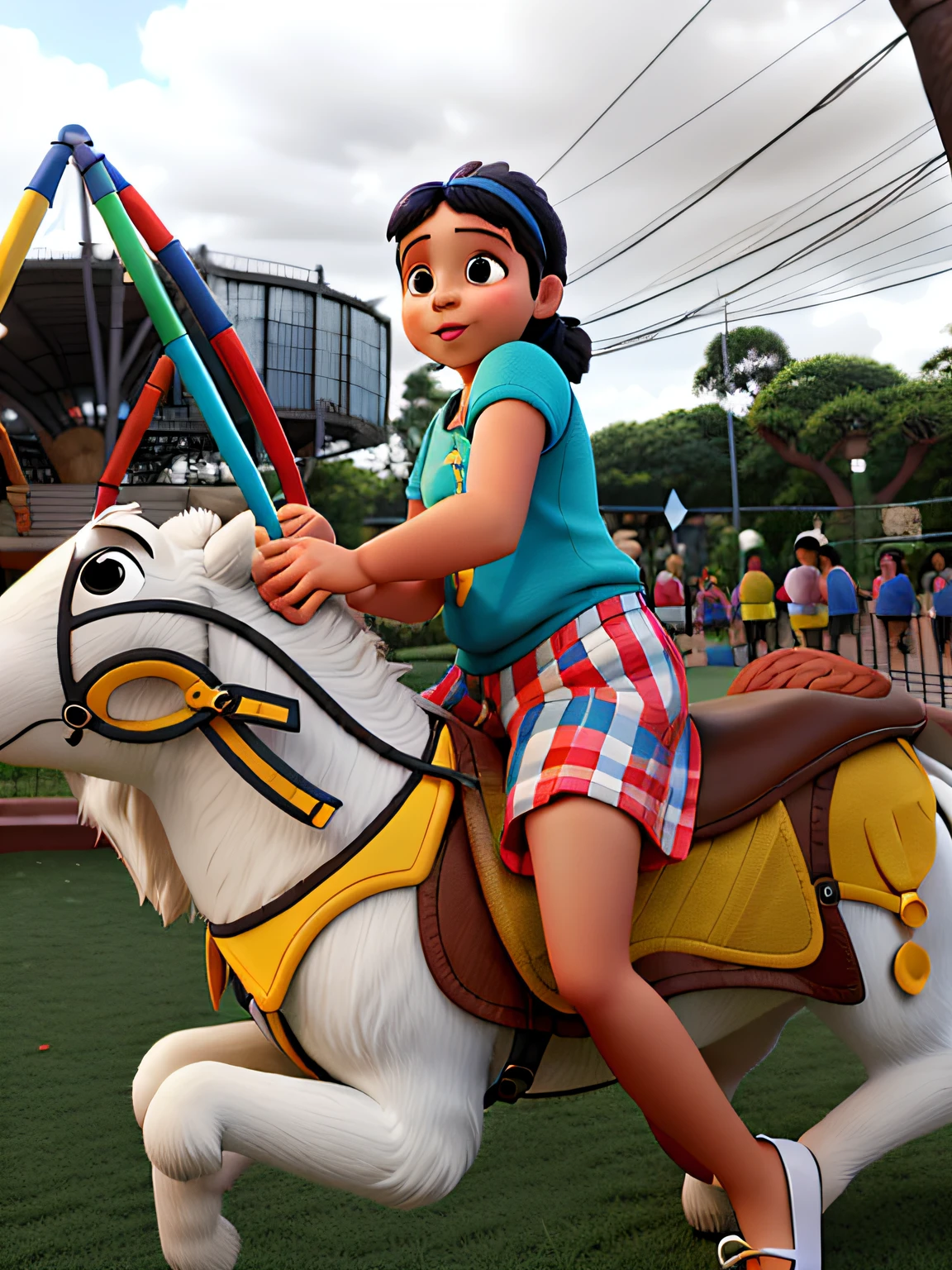 menina, 6 anos, estilo disney pixar, brincando no parque.
