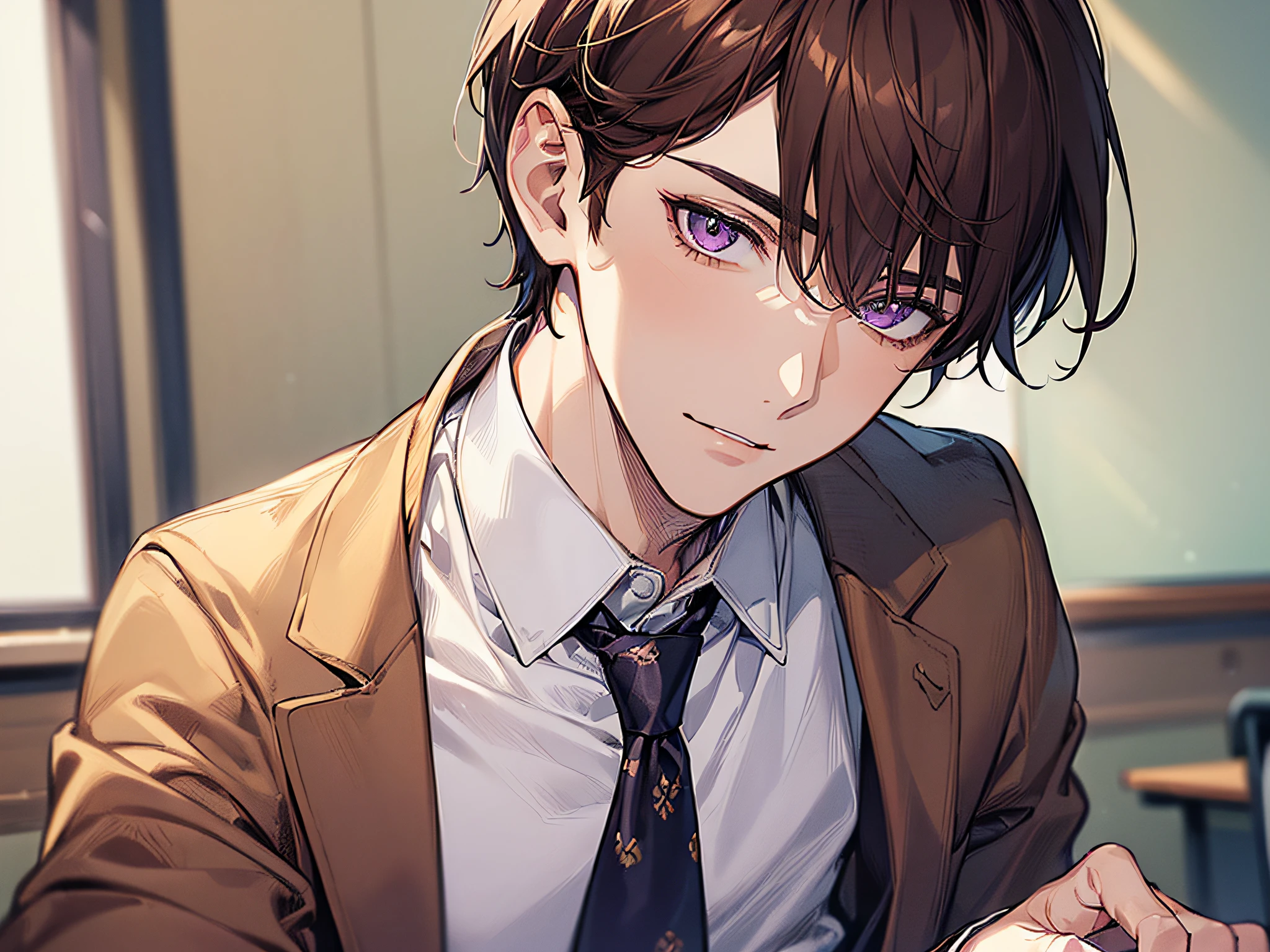(((((solo)))),24-year-old boy, Warm skin, Pupil Purple, Mature Face, head portrait,,Male Focus, Looking at Viewer, upper body ,Brown hair, Short hair, Facial Focus, Adult, Business Suit, Jacket, White shirt, tie, Pants, Best Quality, Facial details.,Classroom,Sharp eyes