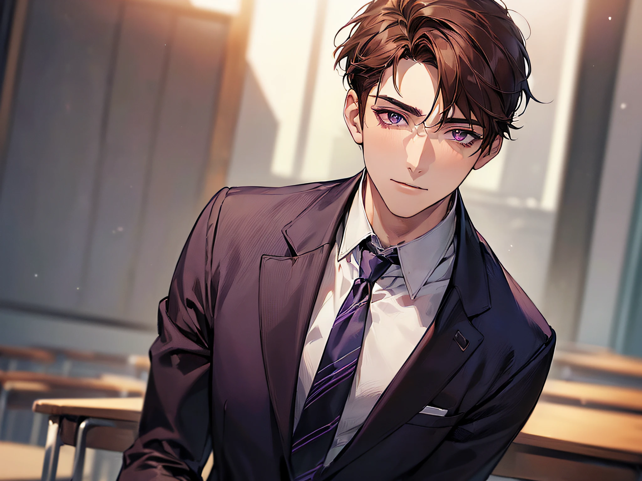 (((((solo)))),24-year-old boy, Warm skin, Pupil Purple, Mature Face, head portrait,,Male Focus, Looking at Viewer, upper body ,Brown hair, Short hair, Facial Focus, Adult, Business Suit, Jacket, White shirt, tie, Pants, Best Quality, Facial details.,Classroom,Sharp eyes