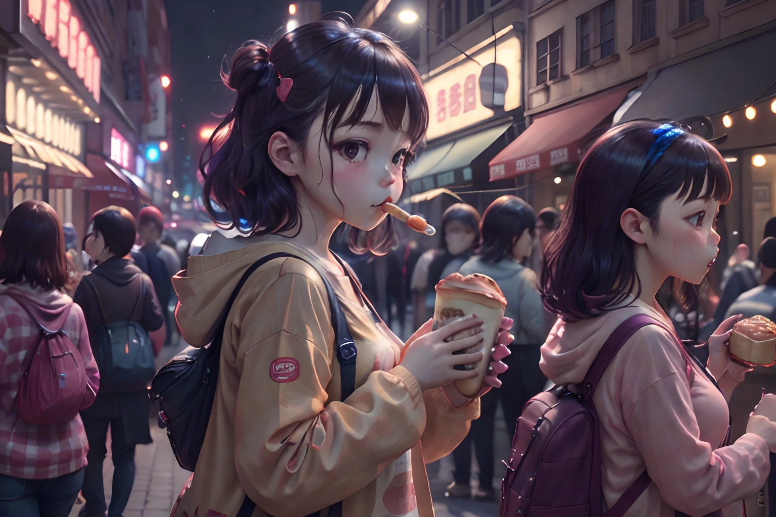 Girl eating hamburger、独奏、nighttime scene、Bustling street、