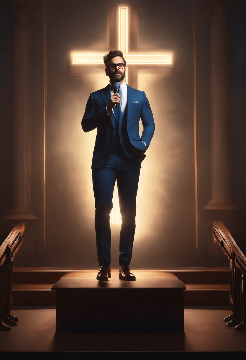 A skinny man with short curly hair, short beard, wearing eyeglasses, dressed in a formal sporty outfit, holding a microphone in his hand, standing at a pulpit. There is a giant LED cross behind the man.
Material: Illustration, 3D rendering.
Additional details: Detailed facial features, intense gaze, confident posture, hand gestures, microphone wire, realistic texture of clothing, subtle shadows and highlights.
Image quality: (best quality, 4K, highres, photorealistic:1.2), ultra-detailed, professional lighting, vivid colors.
Art style: Realistic, concept art.
Color palette: Deep blues, warm highlights.
Lighting: Focused spotlight on the man, casting soft shadows, dramatic lighting on the cross.