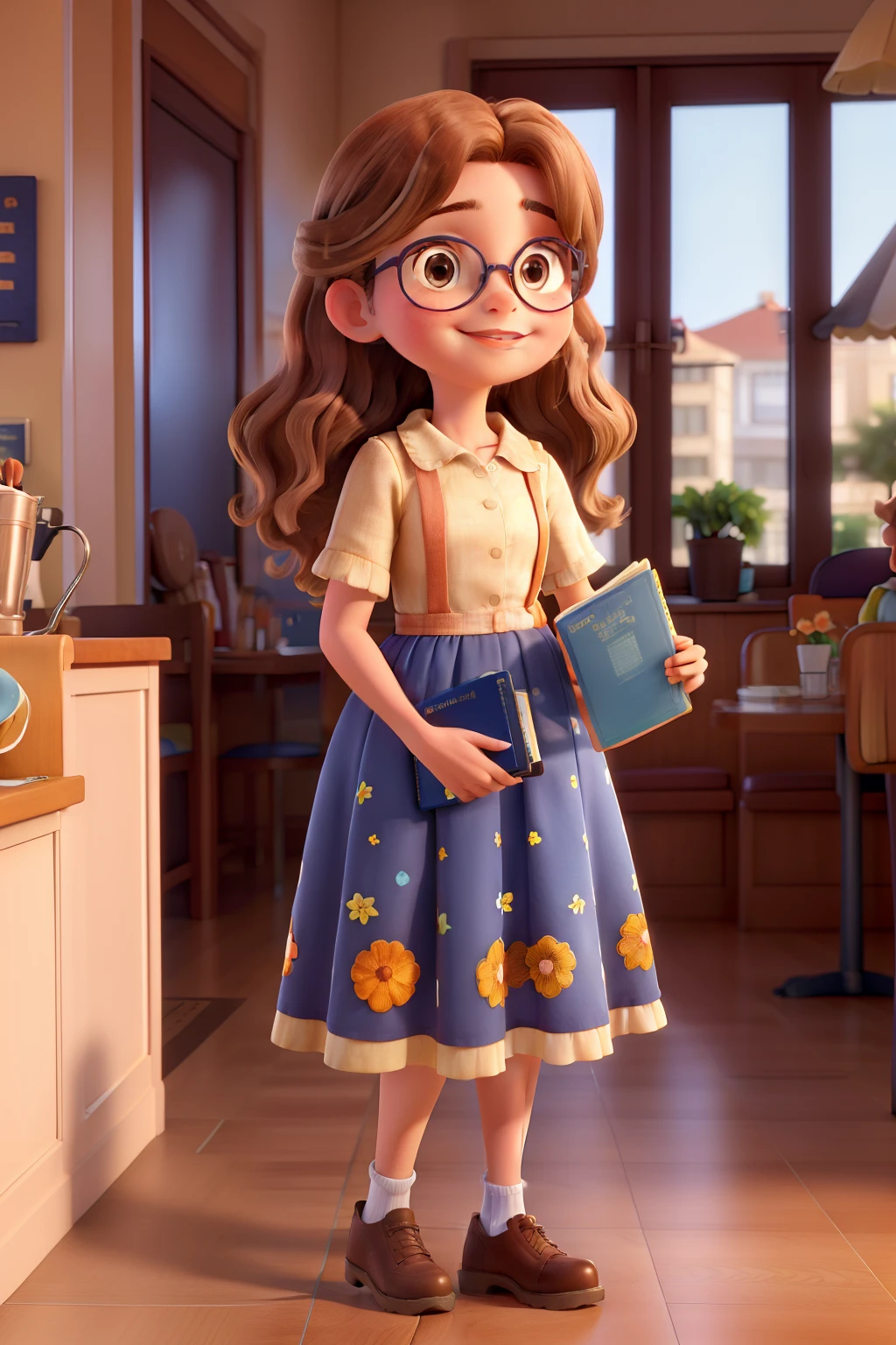 A brown wavy-haired girl with blonde highlights, Brown eyes wearing navy blue half round glasses, Rosadoa lips wearing a blue flowery manga dress and an All Star on her feet holding a book while having a coffee at a diner