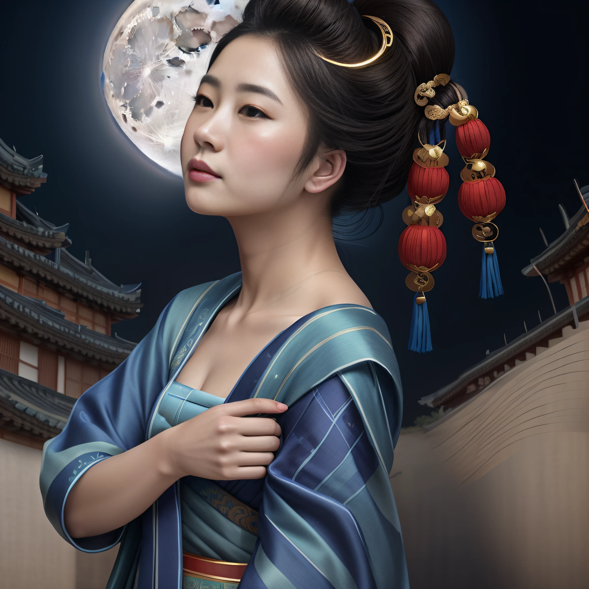 woman in a blue kimono, with a moon in the background, portrait of mulan, a beautiful artwork illustration, ancient chinese princess, inspired by Li Tang, inspired by Lan Ying, inspired by Yun Du-seo, chinese empress, chinese woman, chinese princess, stunning digital illustration, a beautiful fantasy empress, exquisite digital illustration, inspired by Wu Bin.