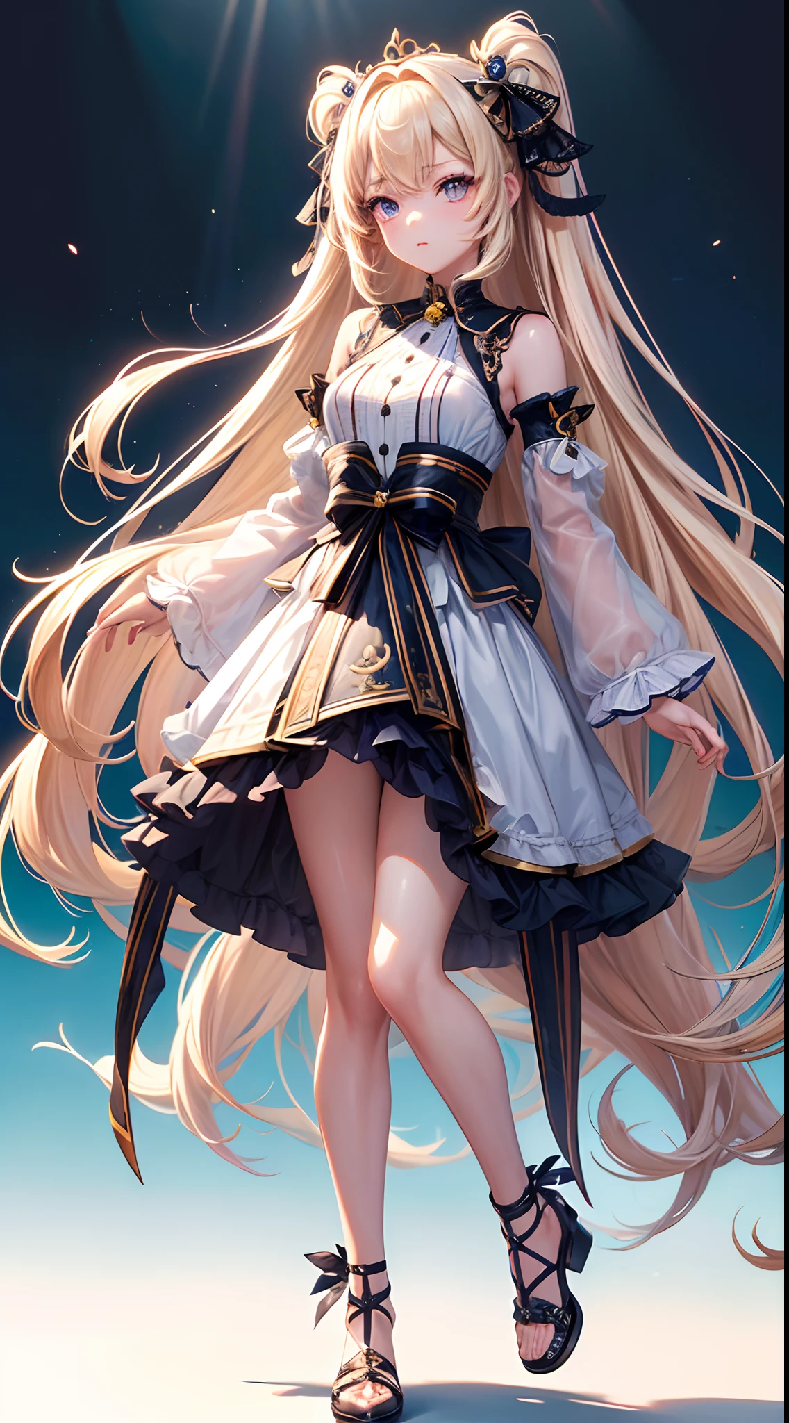 ((Best Quality)), (ultra-detailliert), ((Extremely detailed)), (Beautiful), ((Kawaii Girl)),  ((UHD)), (masterpiece), (high quality), (best quality), (4K), (high quality), 1, solo girl, one girl, (hair two side up long), (hair intakes), long hair, parted bangs, (platinum blond hair), ((jade colored eyes)), tsurime, medium breasts, slender body, paint right up to the tip of the head,((transparent background)),(solo),standing,(wearing shoes on feet),((is wearing Idol Costumes)),good girl, beautiful detailed eyes,good looking,((an extremely delicate and beautiful)),make the eyes the same shape and color on both sides, anime style