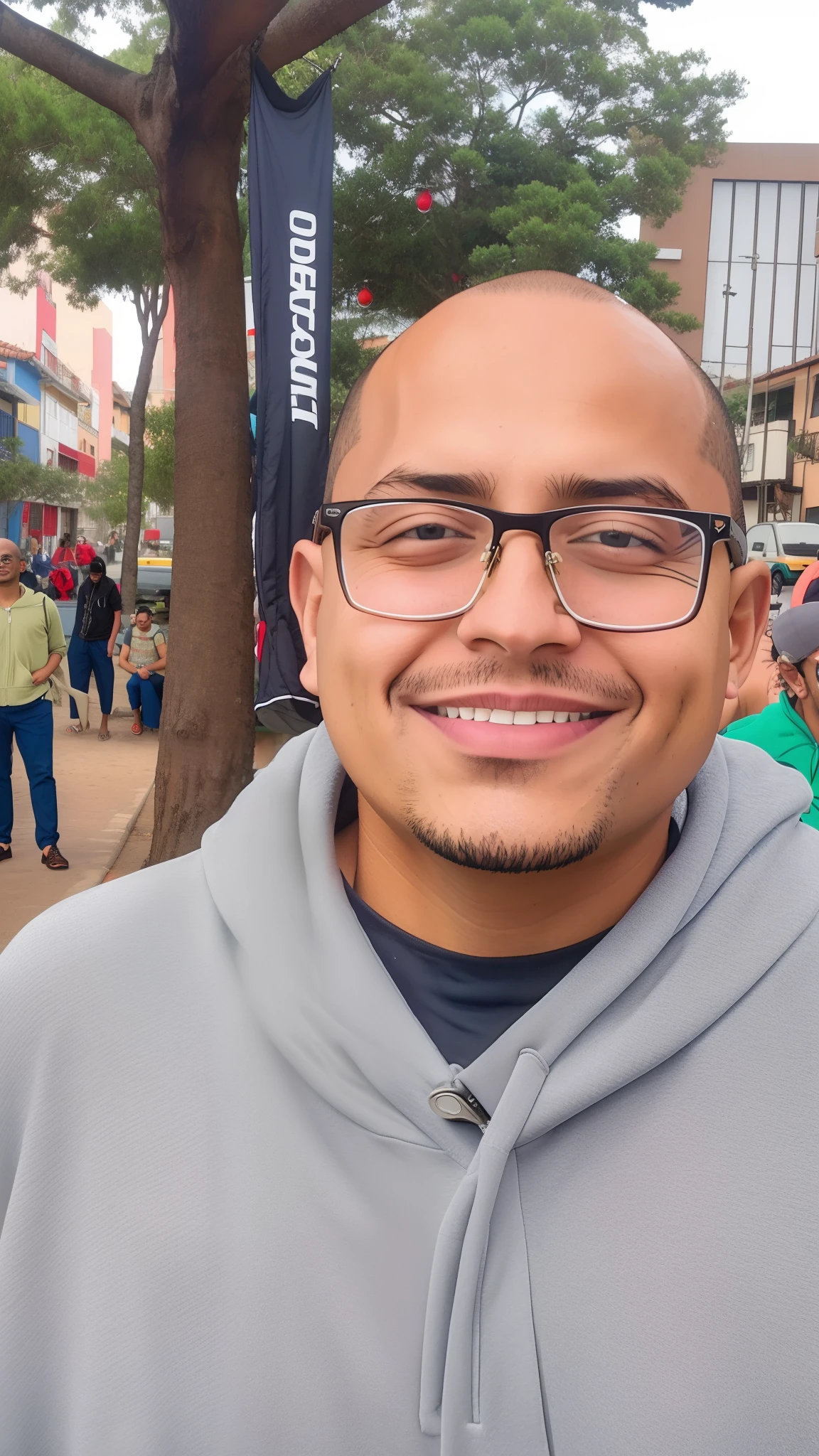 Smiling man in glasses and a hoodie in front of a tree, José Moncada, Arte em primeiro plano : Eloy Morales, Retrato de Danny Gonzalez, Cristiano Orrillo, ligeiramente sorridente, In Sao Paulo, taken in the early 2020s, david rios ferreira, andrew gonzalez, victor maristane, henry ascensio, Joel Torres, andres rios