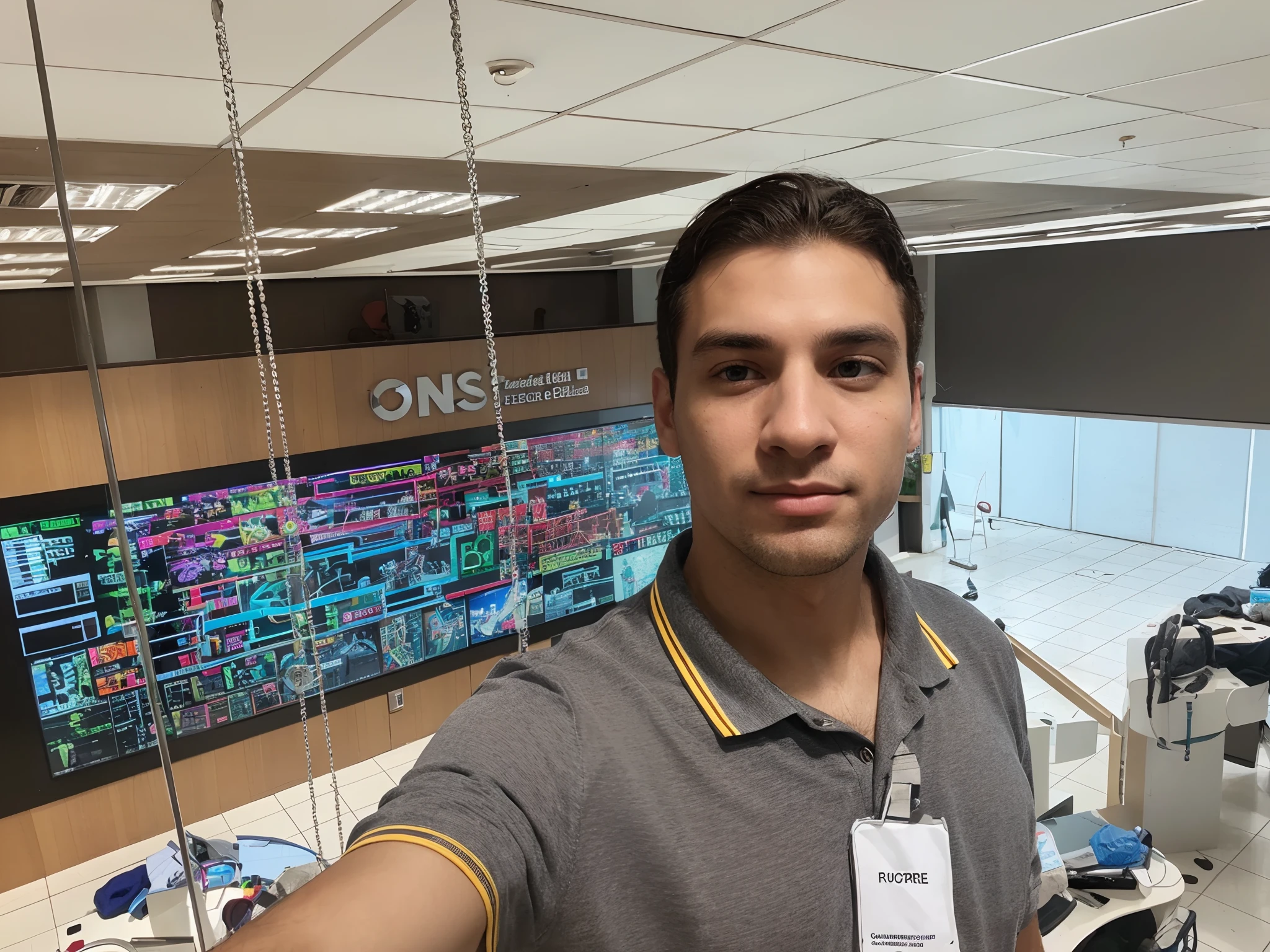 Homem de camisa polo, ONS badge electrical engineer.